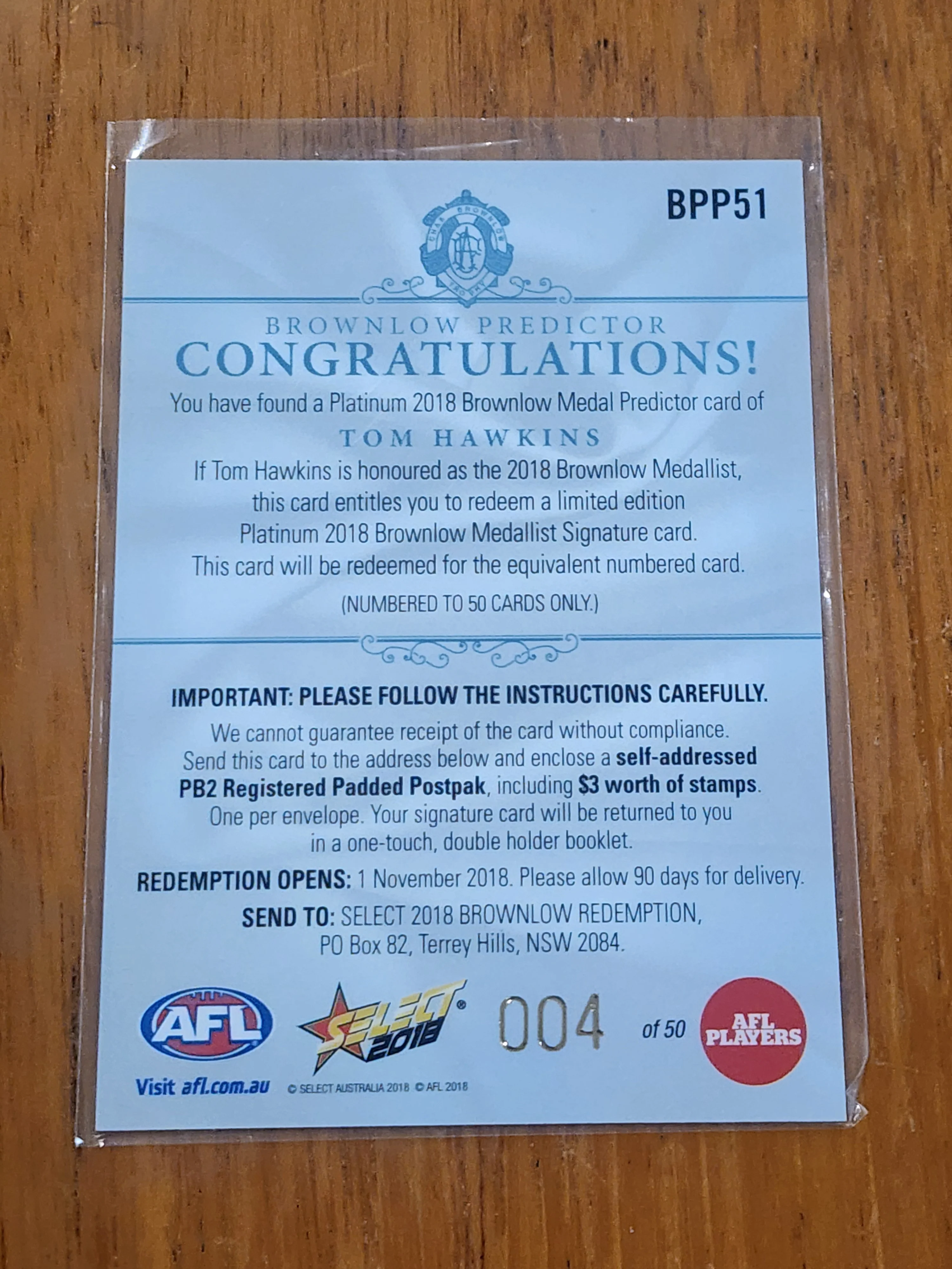 2018 AFL Select Platinum Brownlow Predictor Tom Hawkins Geelong LOW 004/50 BPP51 - Image 2