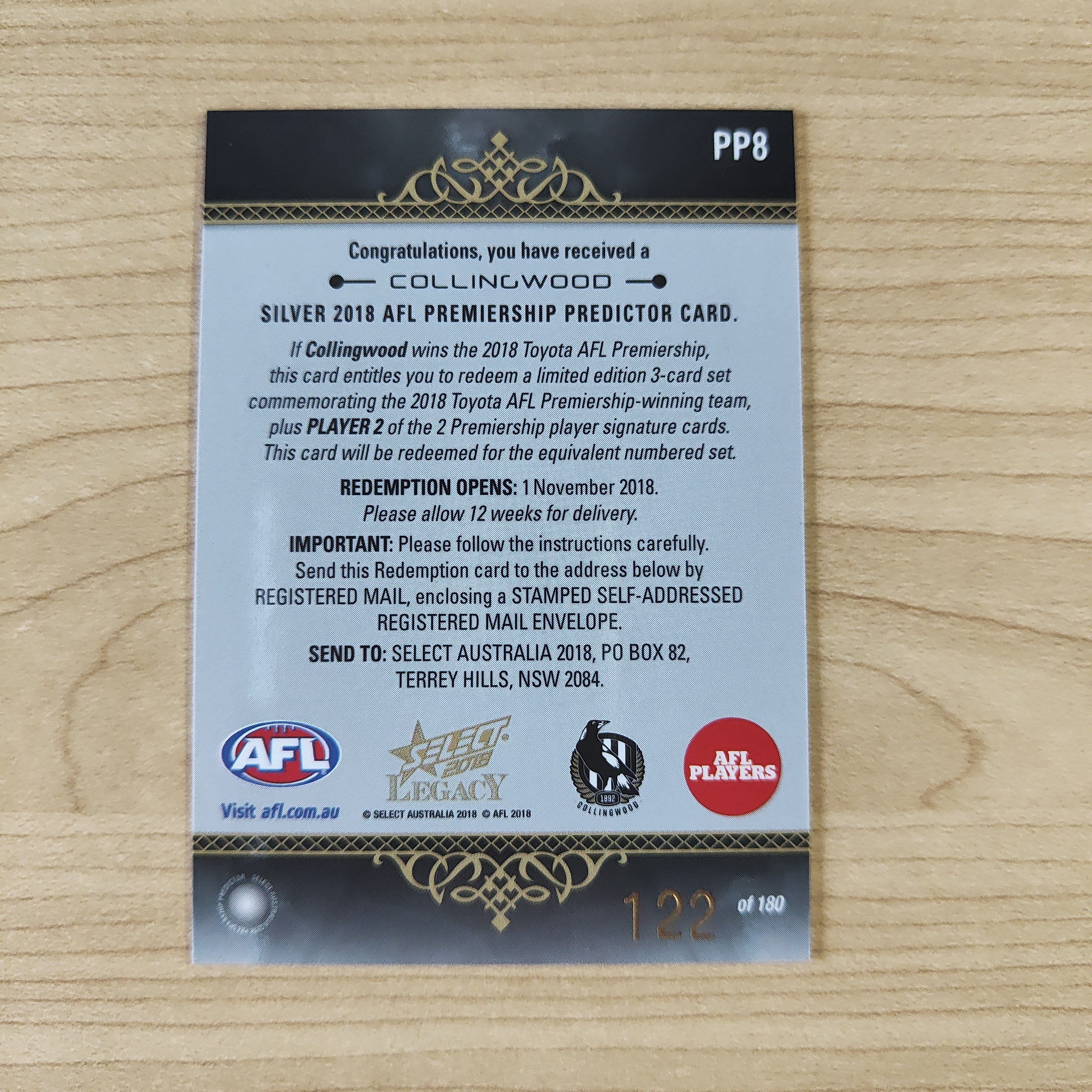 2018 AFL Select Silver Premiership Predictor Collingwood No.122/180 - Image 2