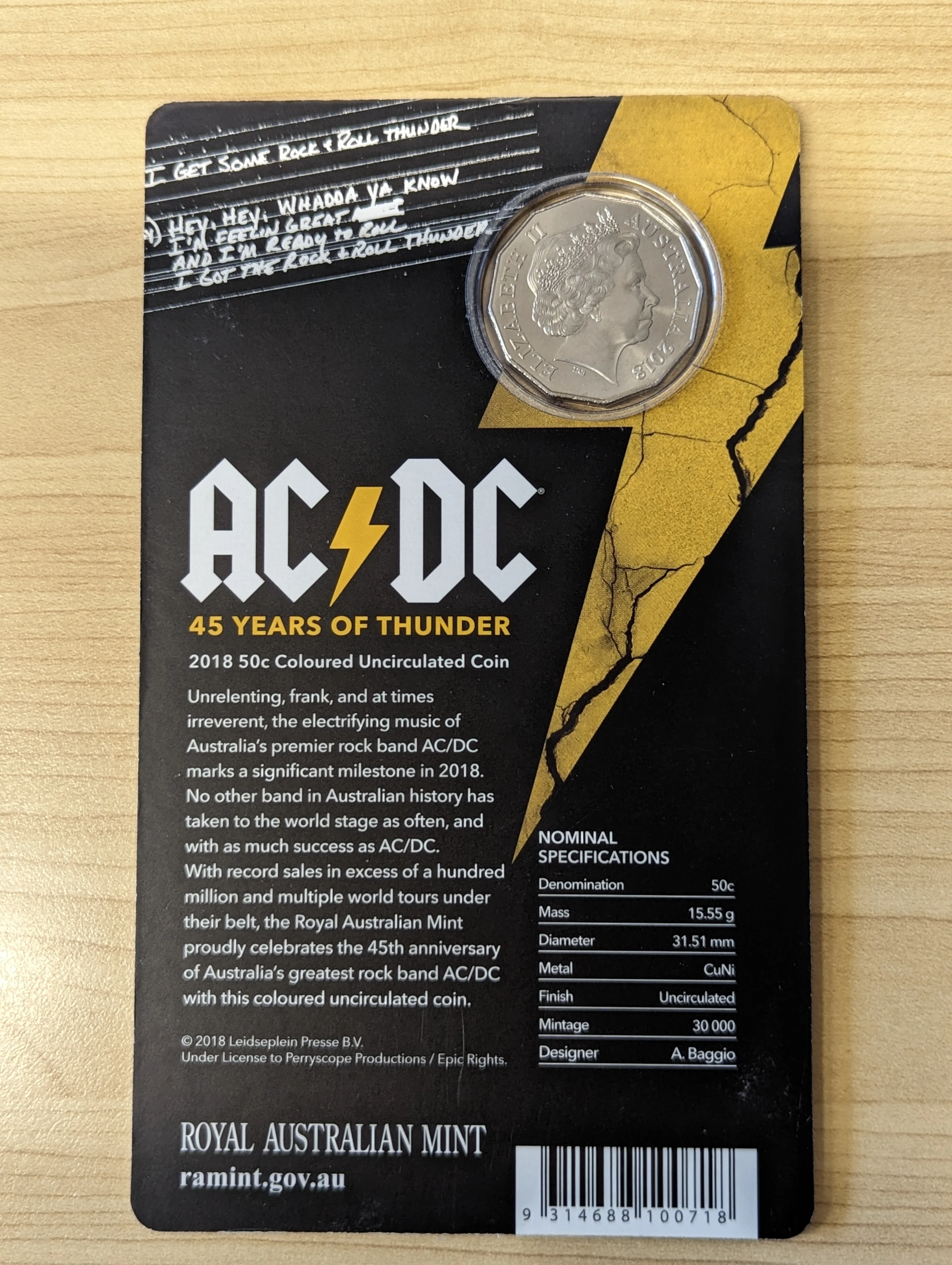 Australia RAM 2018 50c ACDC Coloured Unc Coin - Image 2