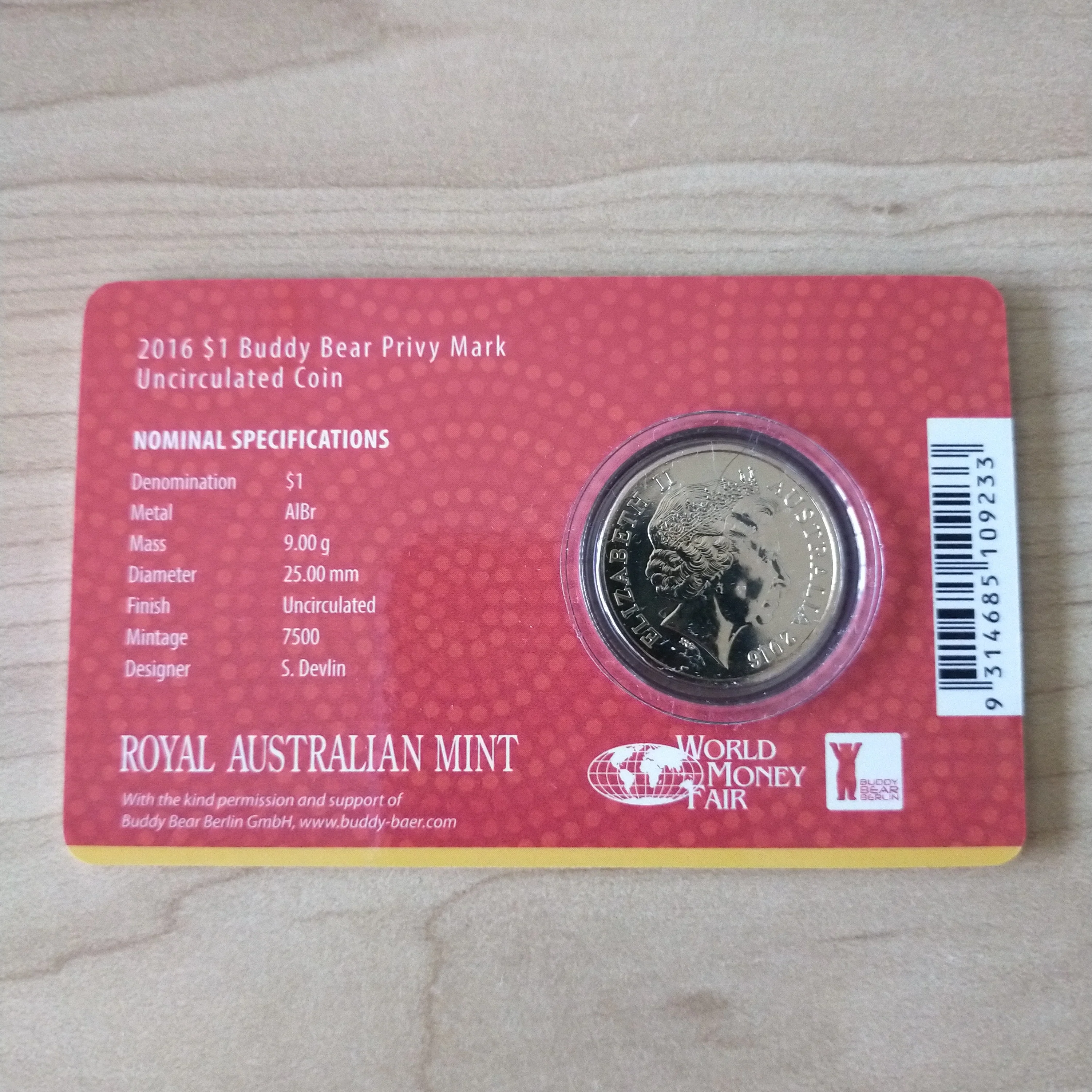 2016 Royal Australian Mint $1 World Money Fair Berlin Buddy Bear Privy Mark Uncirculated Coin - Image 2