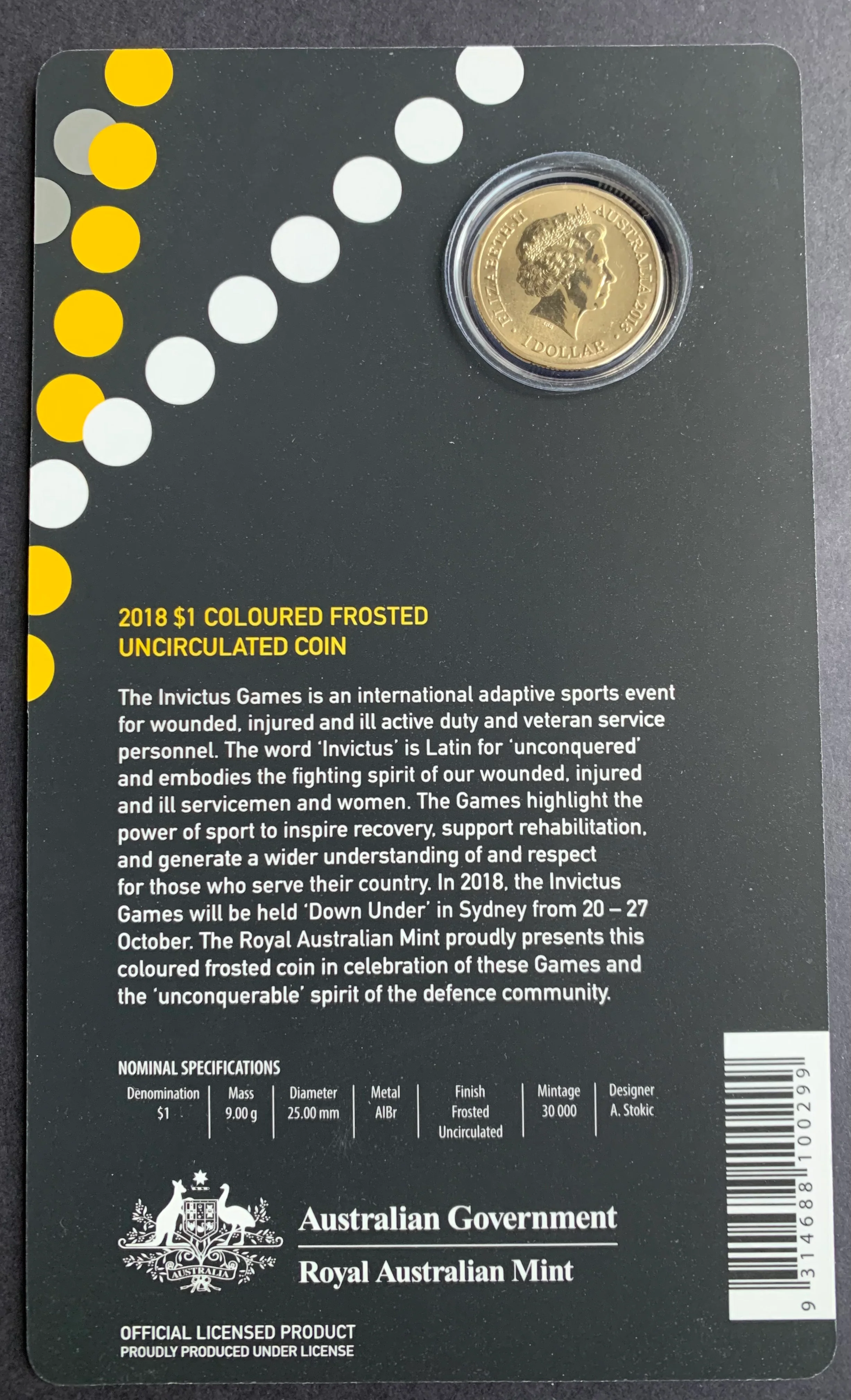 Australia 2018 Royal Australian Mint $1 Invictus Games Coloured Uncirculated Coin. - Image 2