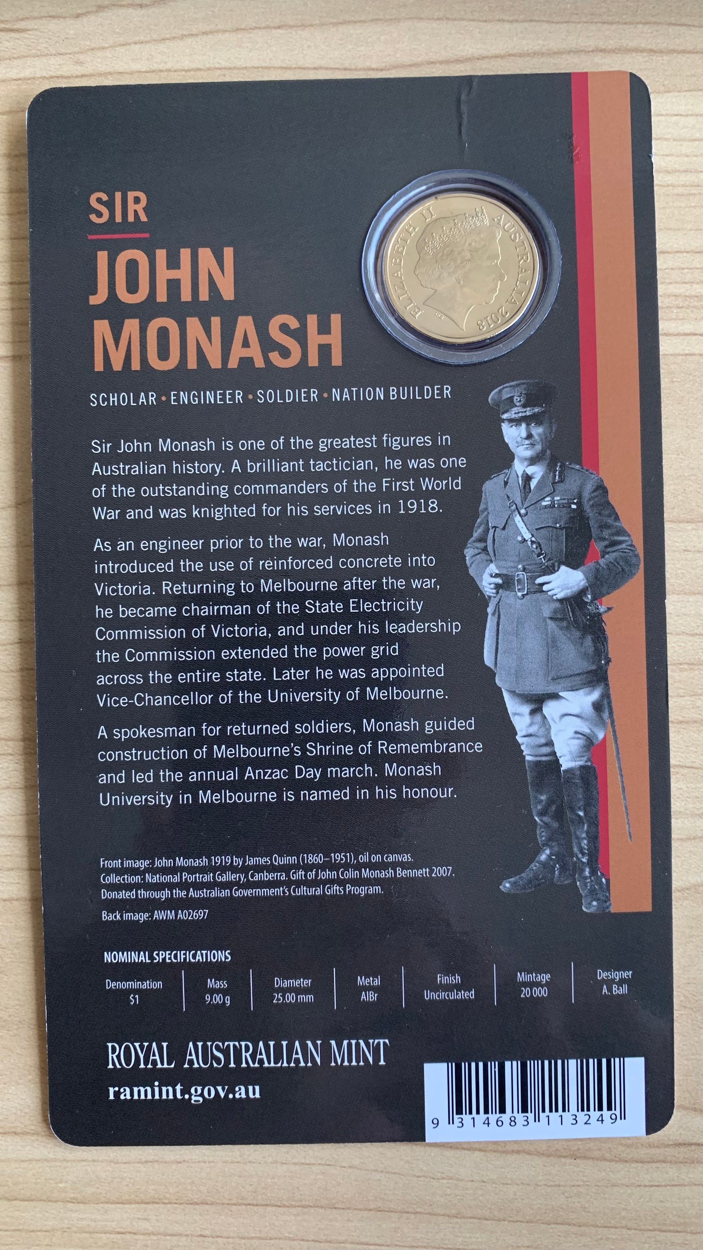 Australia 2018 Royal Australian Mint $1 Australian Sir John Monash Uncirculated Coin - Image 2