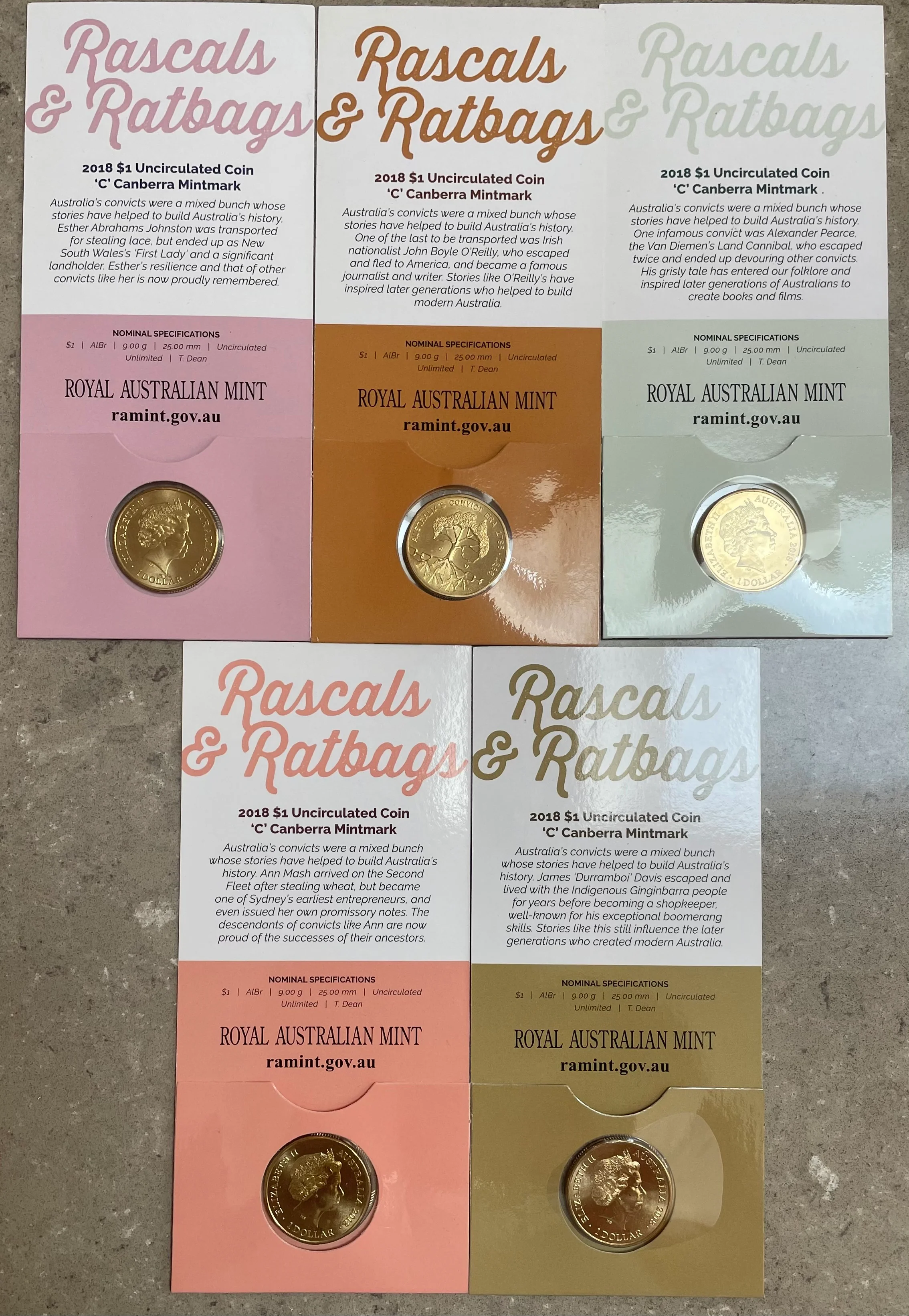 Australia 2018 $1 One Dollar RASCALS & RATBAGS Set of 5 'C' mintmark Coins - Image 2