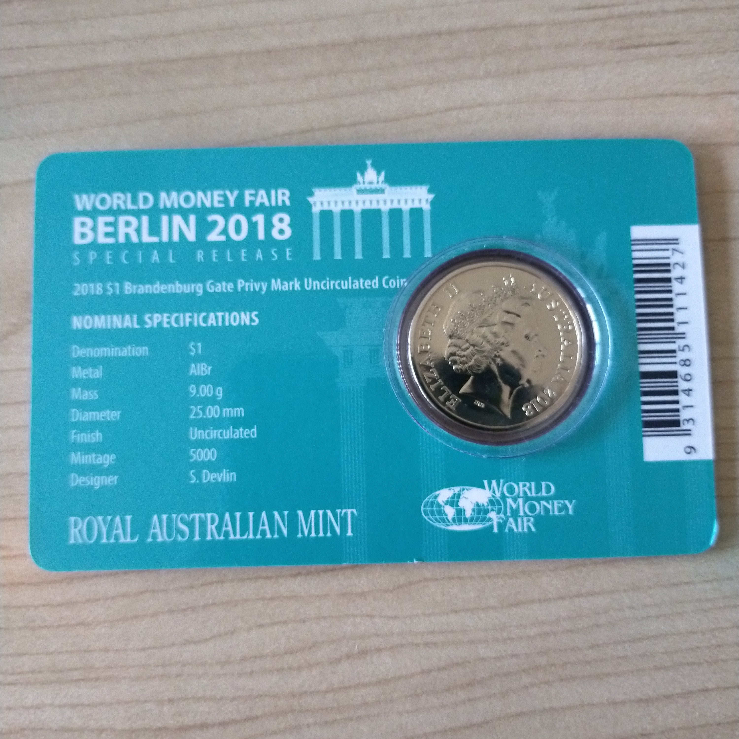 2018 RAM $1 World Money Fair Berlin Brandenburg Gate Privy Mark Uncirculated Coin - Image 2