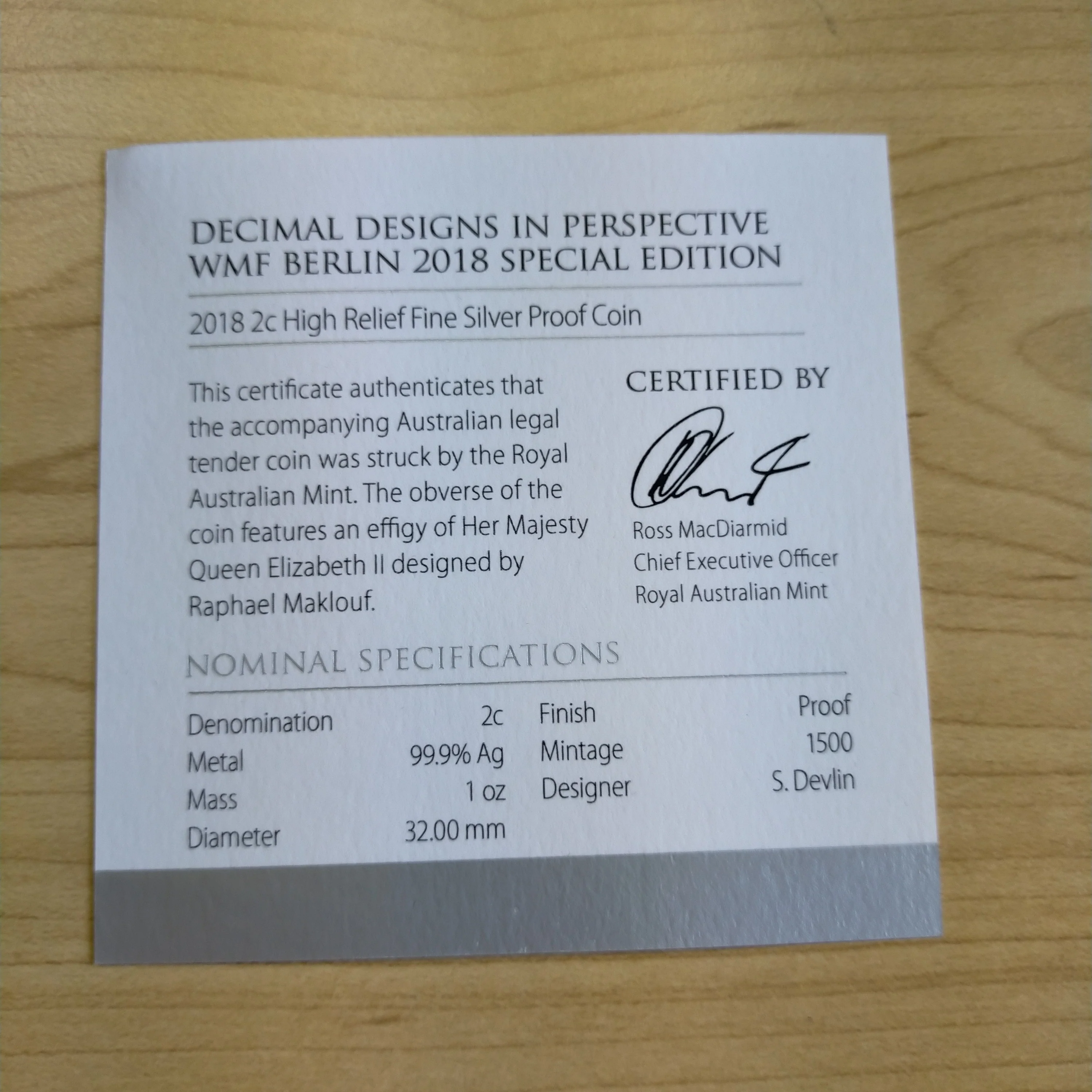 2018 Royal Australian Mint 2c Decimal Designs In Perspective High Relief 1oz .999 Silver Proof Coin - Image 6