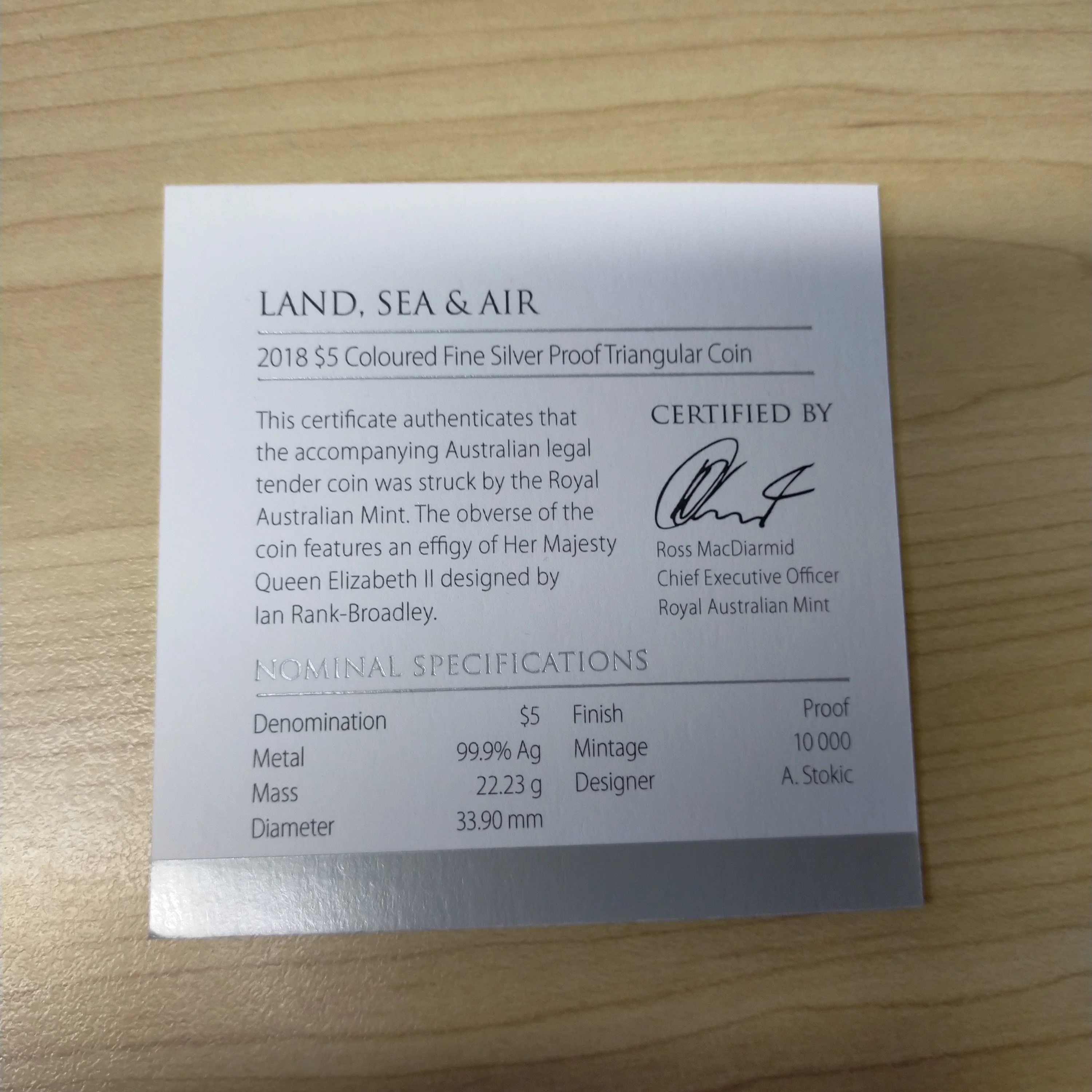 2018 Royal Australian Mint $5 Land Sea Air .999 Silver Proof Triangular Coloured Coin - Image 4