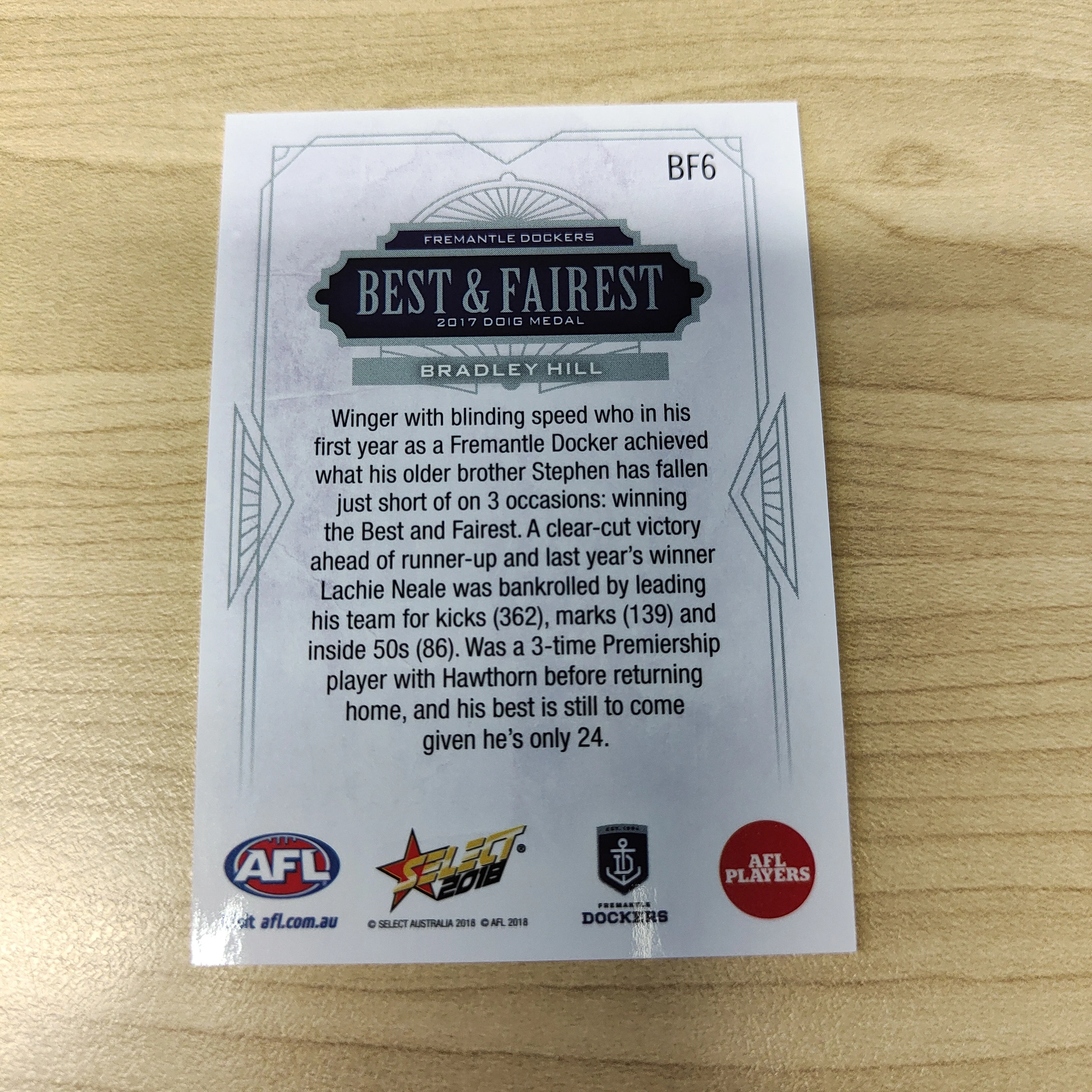 2018 Select AFL Best & Fairest Card Bradley Hill Fremantle - Image 2