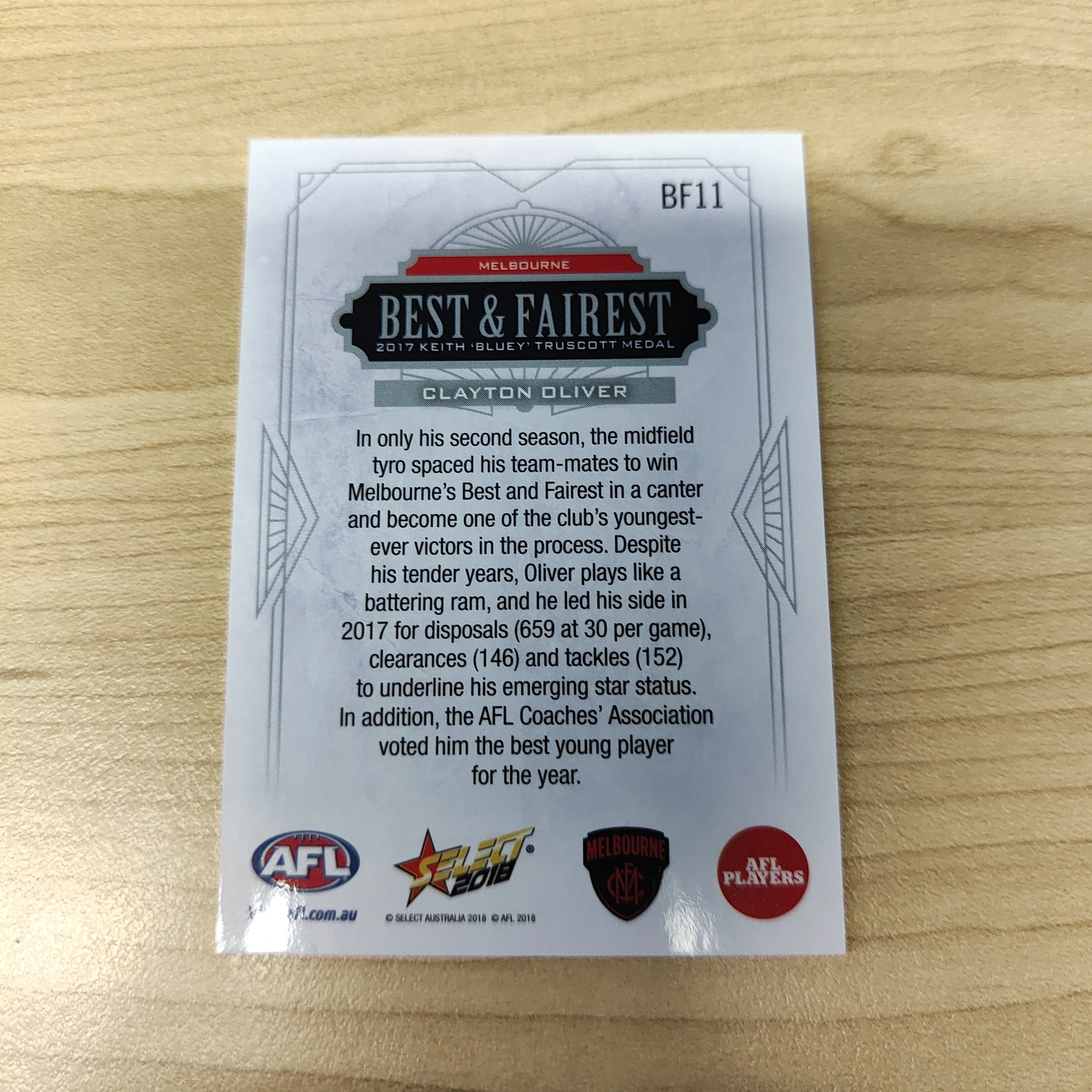 2018 Select AFL Best & Fairest Card Clayton Oliver Melbourne - Image 2