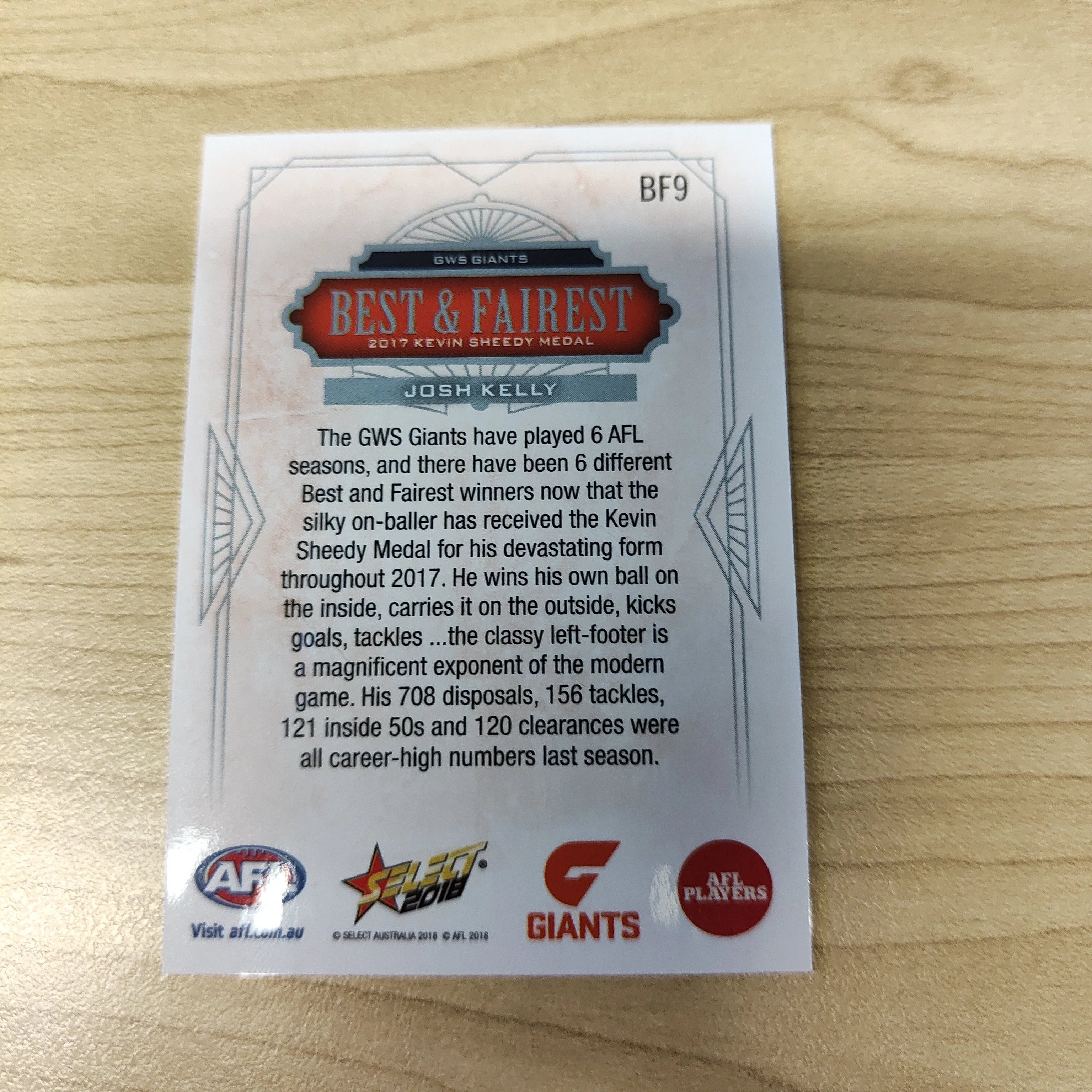2018 Select AFL Best & Fairest Card Josh Kelly GWS - Image 2