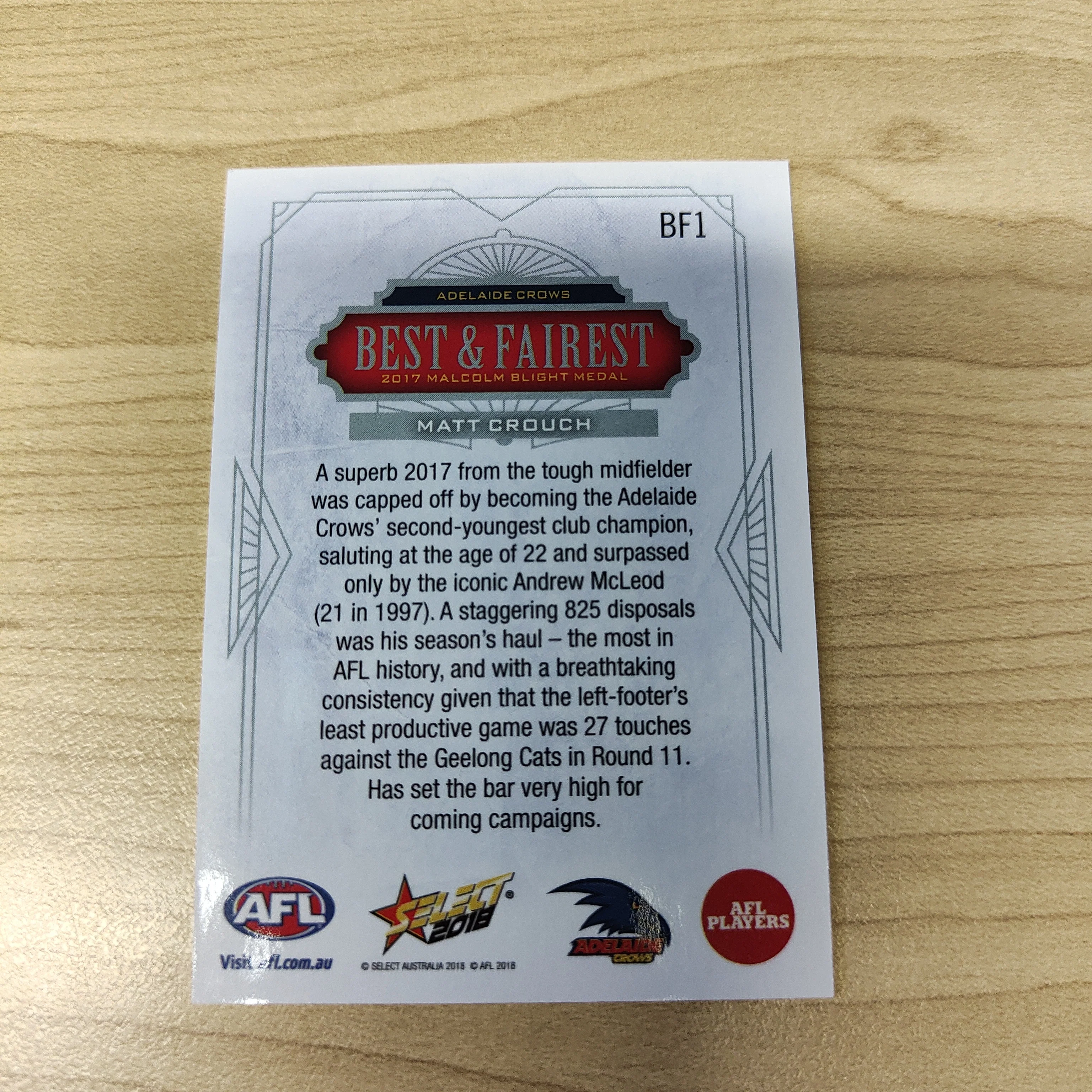 2018 Select AFL Best & Fairest Card Matt Crouch Adelaide - Image 2