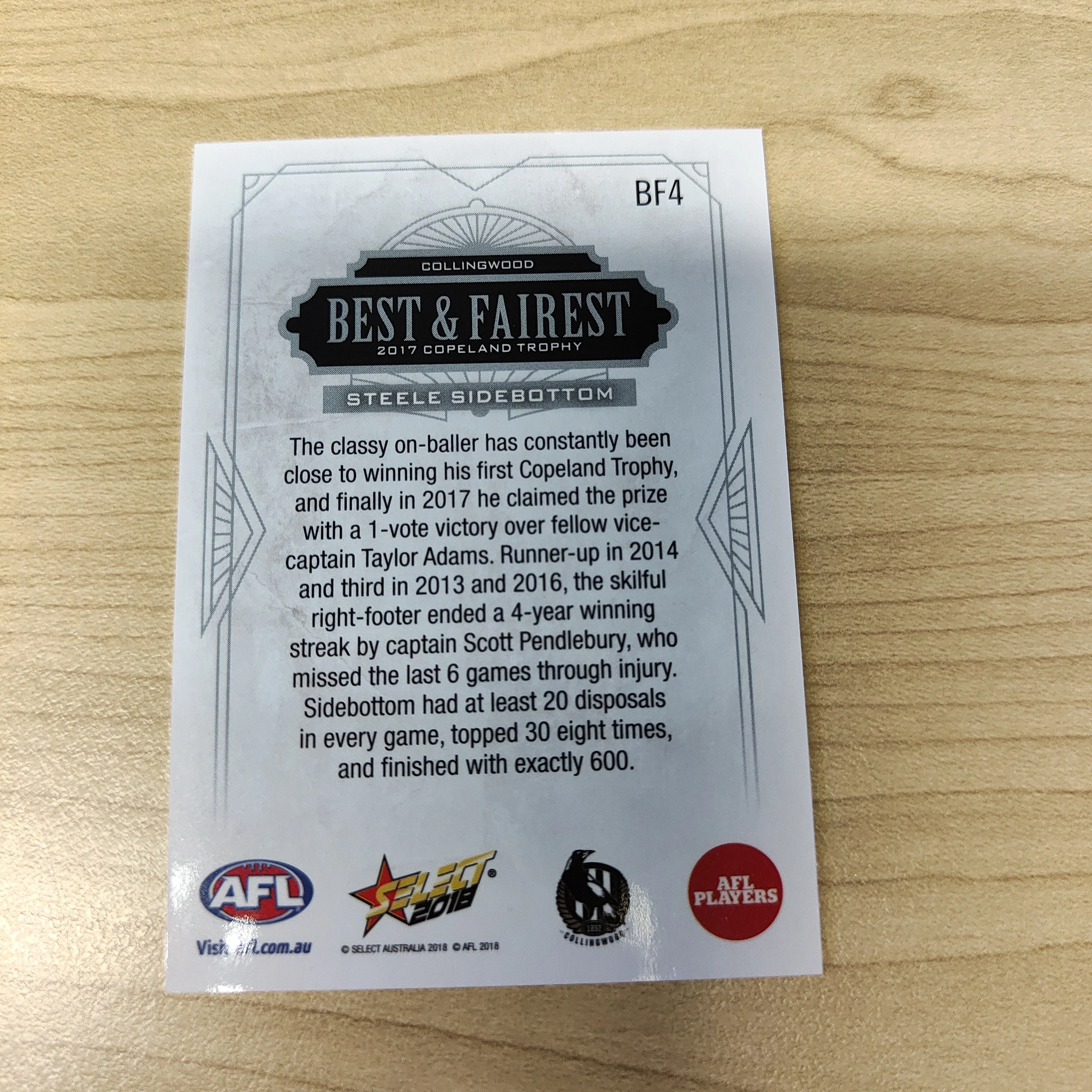 2018 Select AFL Best & Fairest Card Steele Sidebottom Collingwood - Image 2