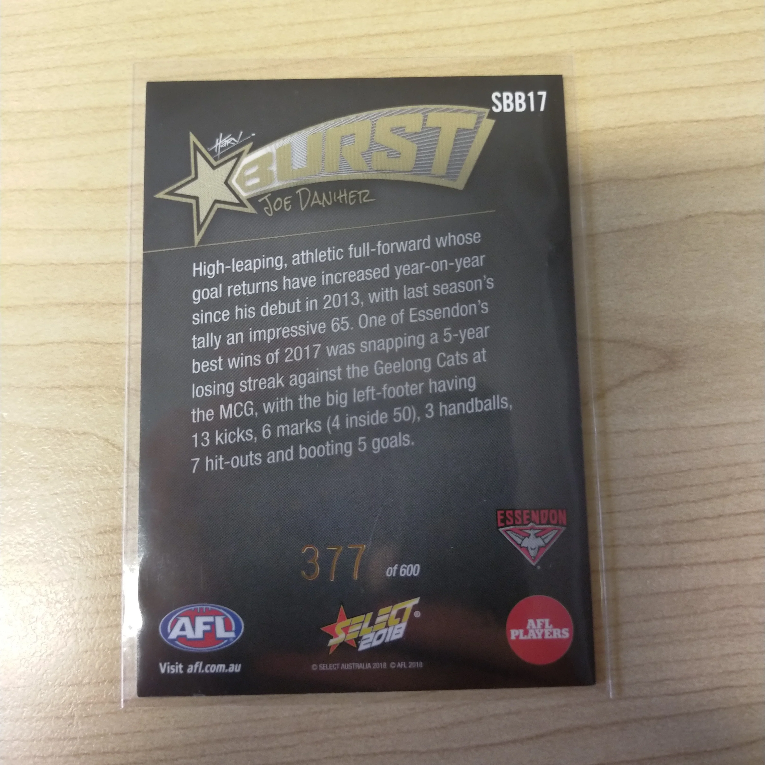 2018 Select Black Starburst Joe Daniher Essendon No. 377/600 - Image 2