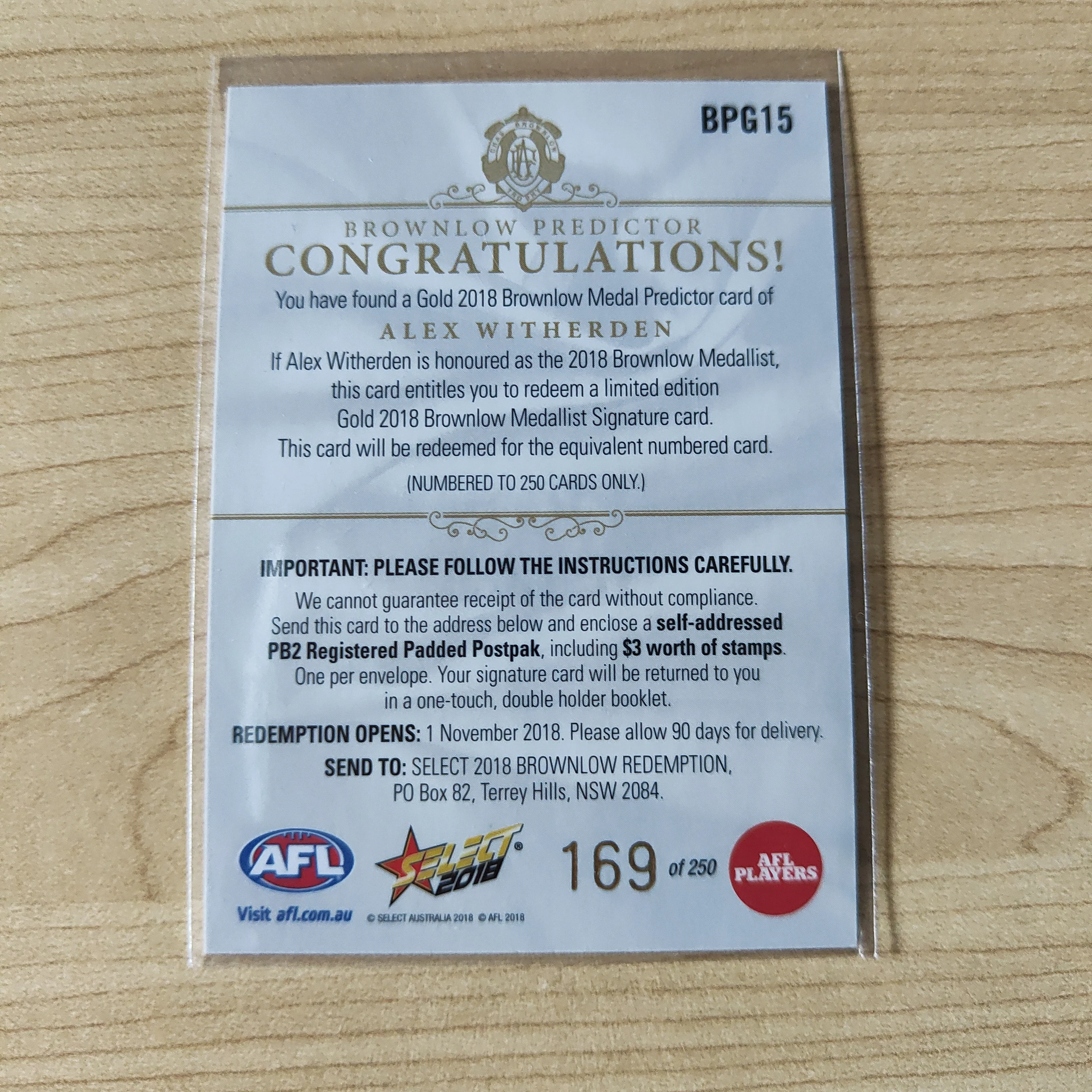 2018 Select Footy Stars Gold Brownlow Predictor Alex Witherden Brisbane 169/250 - Image 2