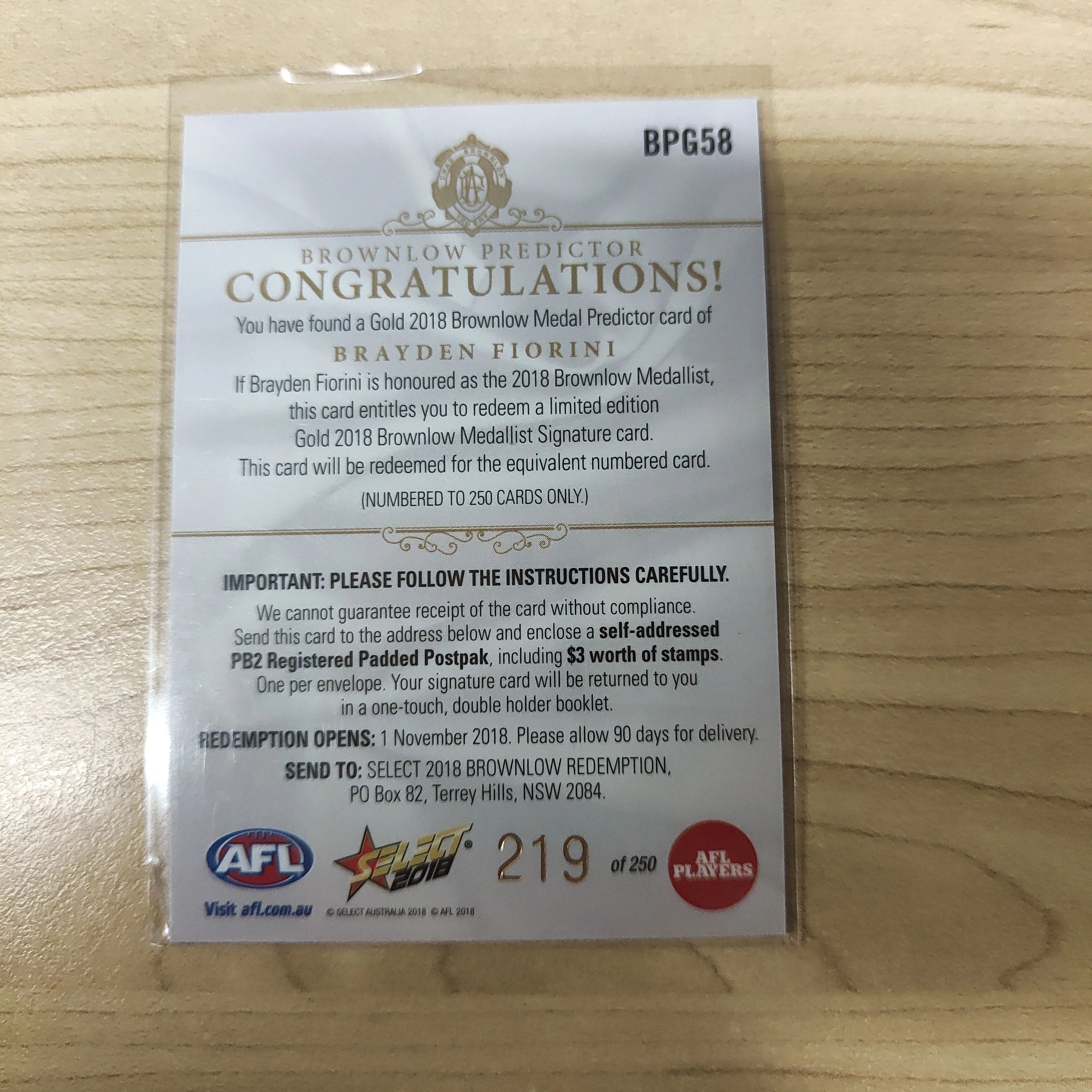 2018 Select Footy Stars Gold Brownlow Predictor Brayden Fiorini Gold Coast Suns 219/250 - Image 2
