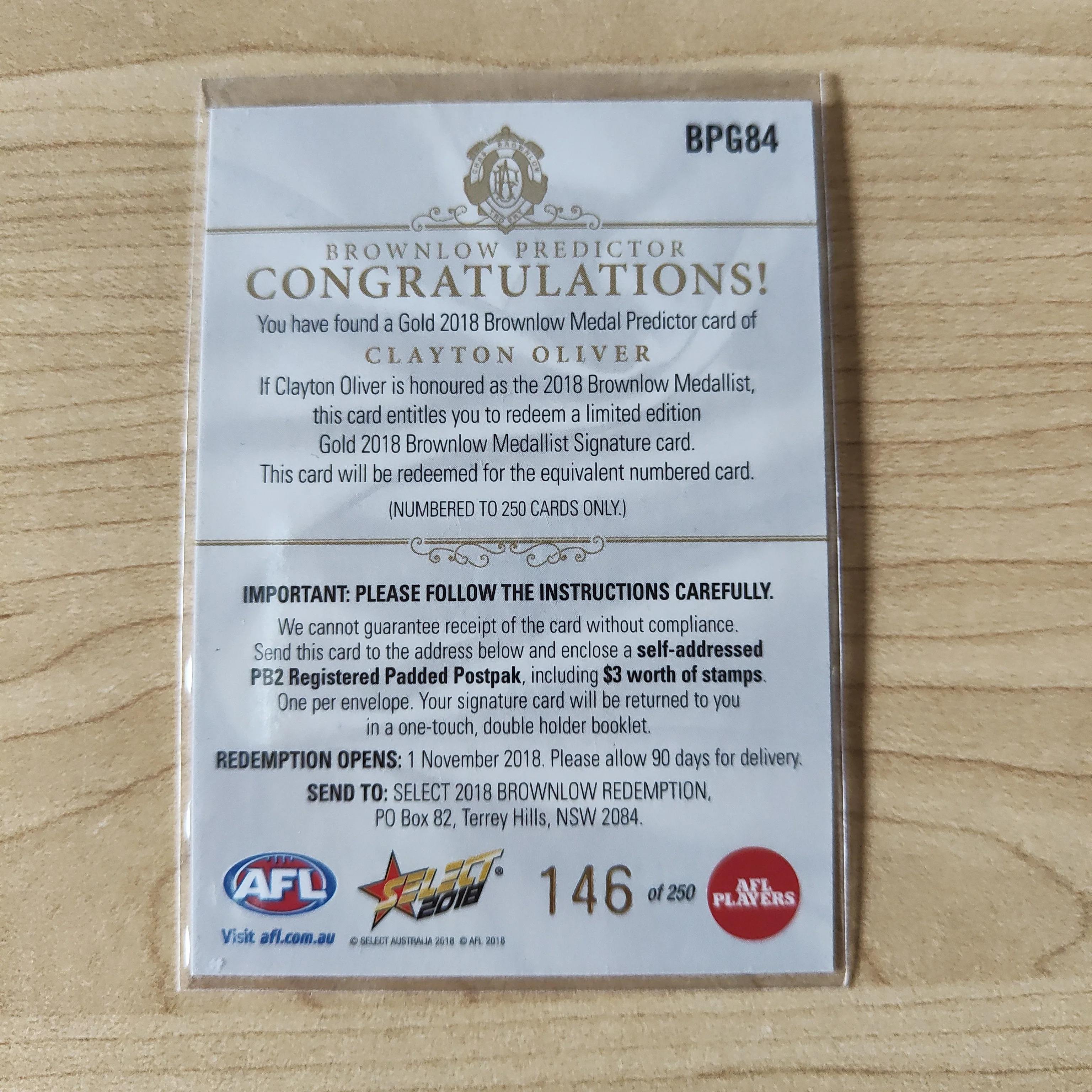 2018 Select Footy Stars Gold Brownlow Predictor Clayton Oliver Melbourne 146/250 - Image 2
