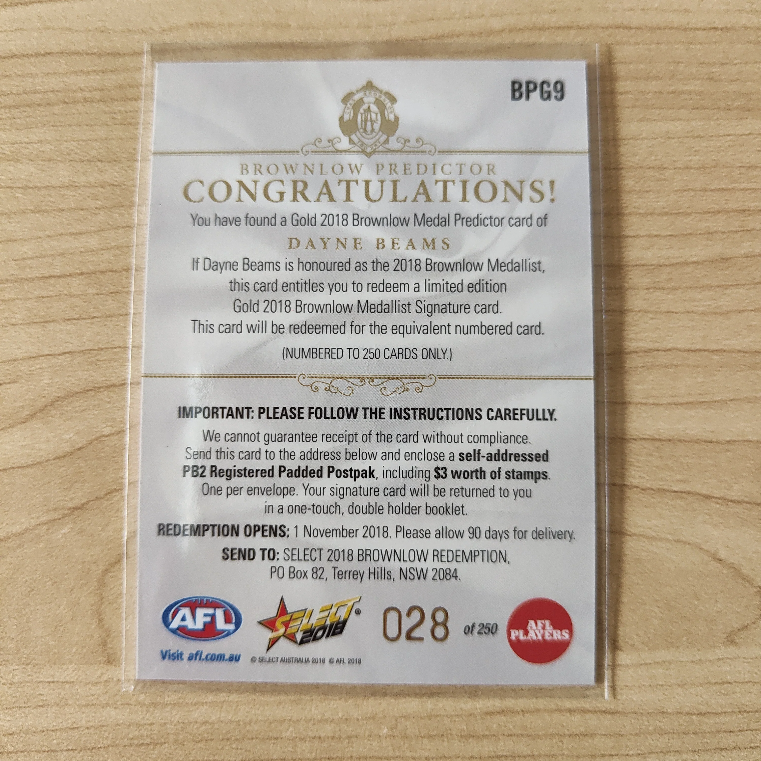 2018 Select Footy Stars Gold Brownlow Predictor Dayne Beams Brisbane 028/250 - Image 2