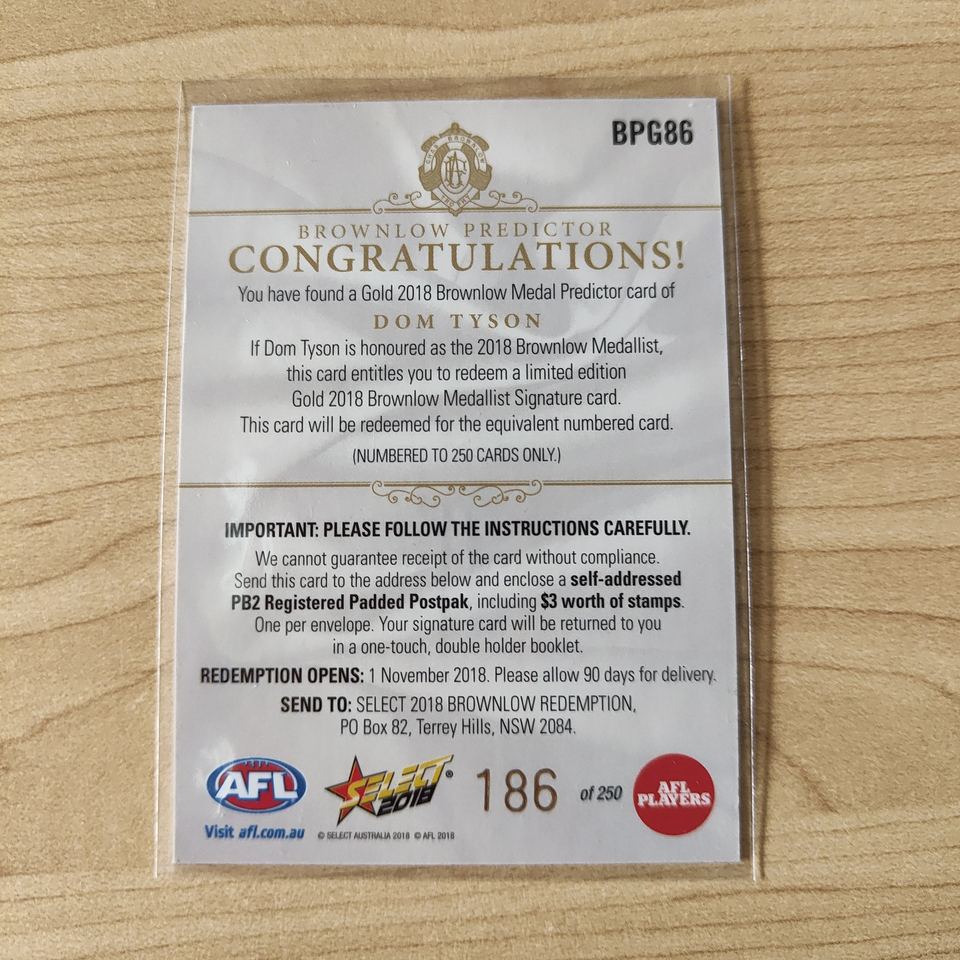 2018 Select Footy Stars Gold Brownlow Predictor Dom Tyson Melbourne 186/250 - Image 2