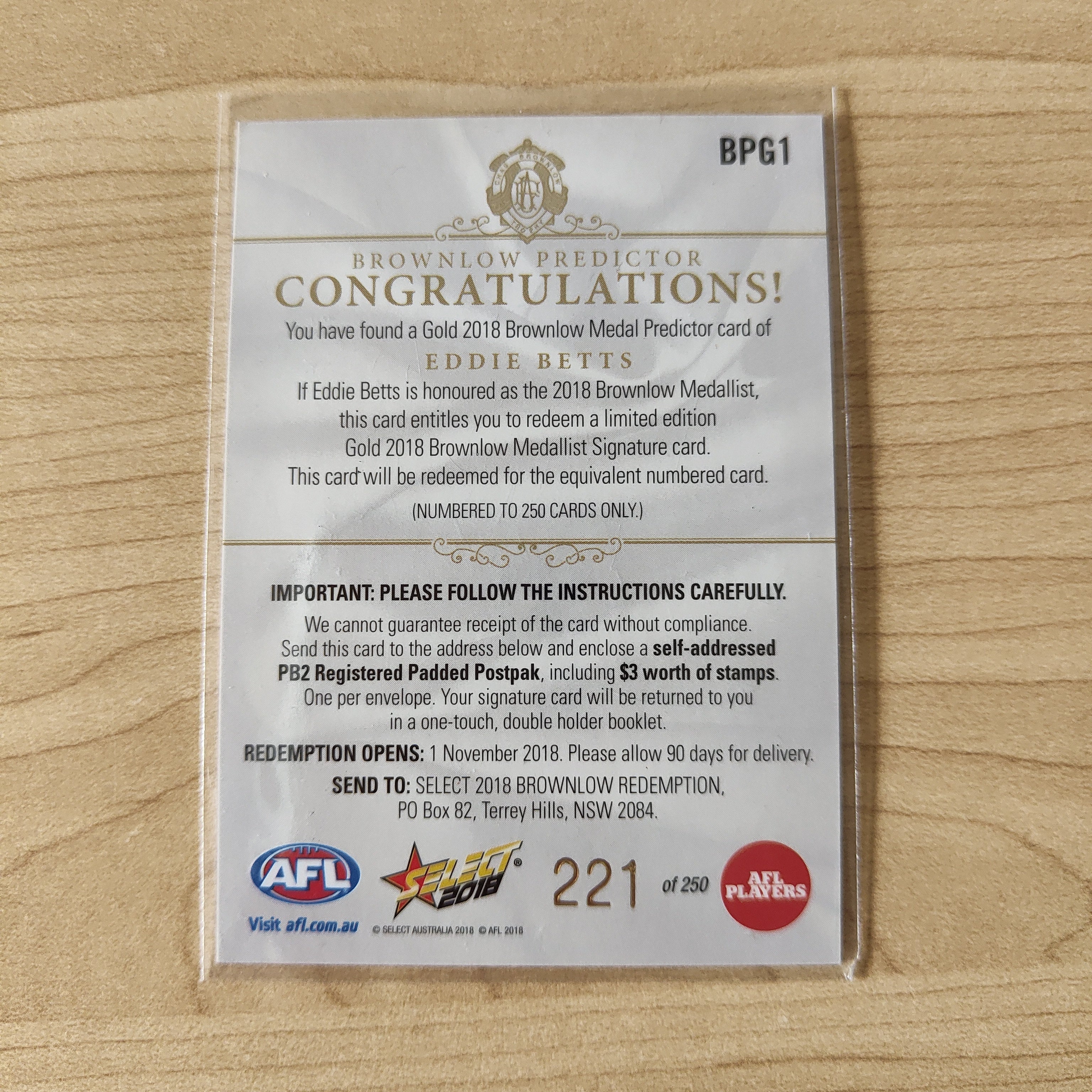 2018 Select Footy Stars Gold Brownlow Predictor Eddie Betts Adelaide 221/250 - Image 2