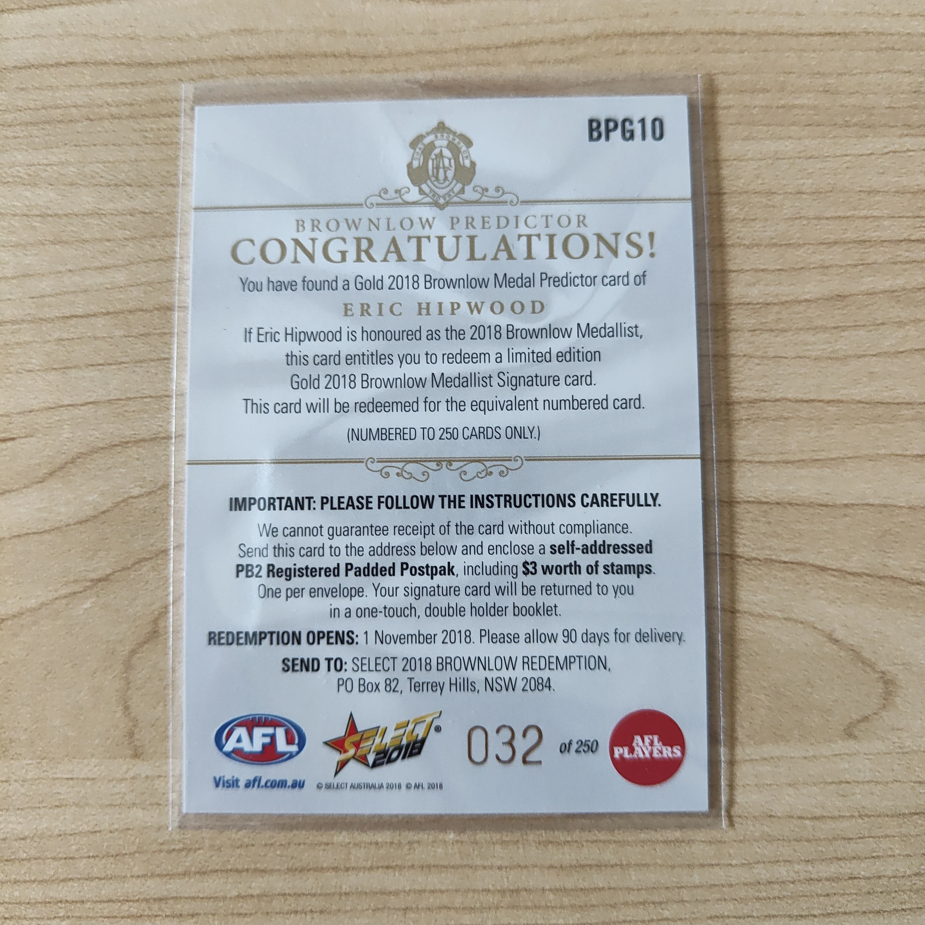 2018 Select Footy Stars Gold Brownlow Predictor Eric Hipwood Brisbane 032/250 - Image 2