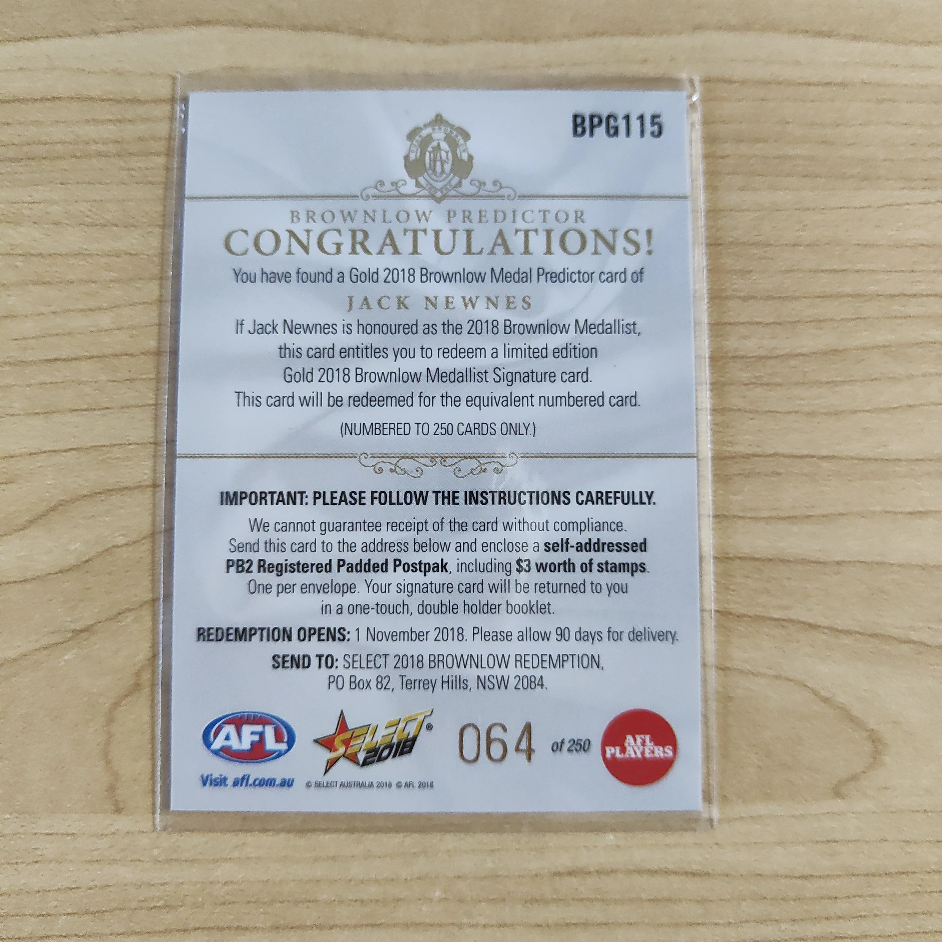2018 Select Footy Stars Gold Brownlow Predictor Jack Newnes St Kilda 064/250 - Image 2