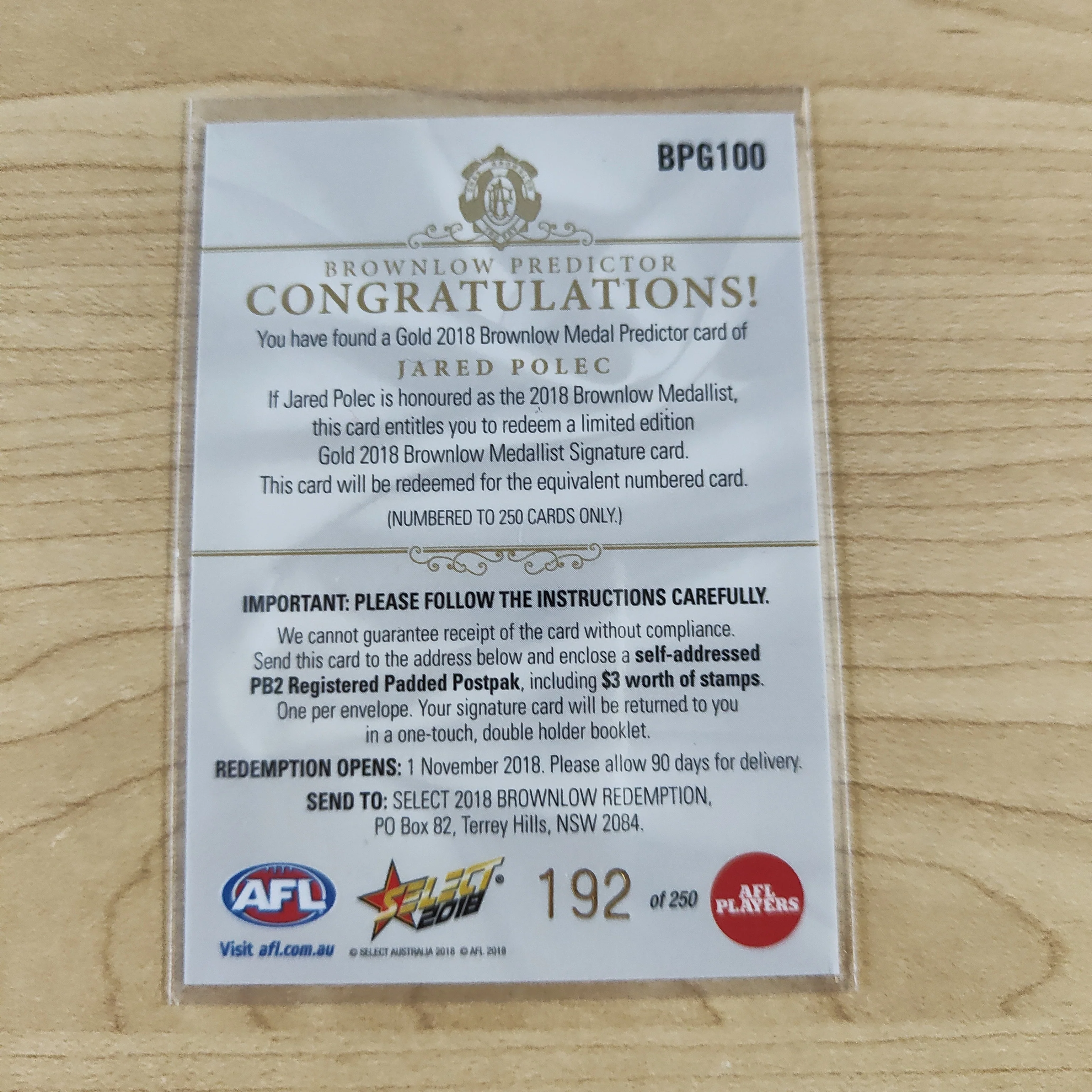 2018 Select Footy Stars Gold Brownlow Predictor Jared Polec Port Adelaide 192/250 - Image 2
