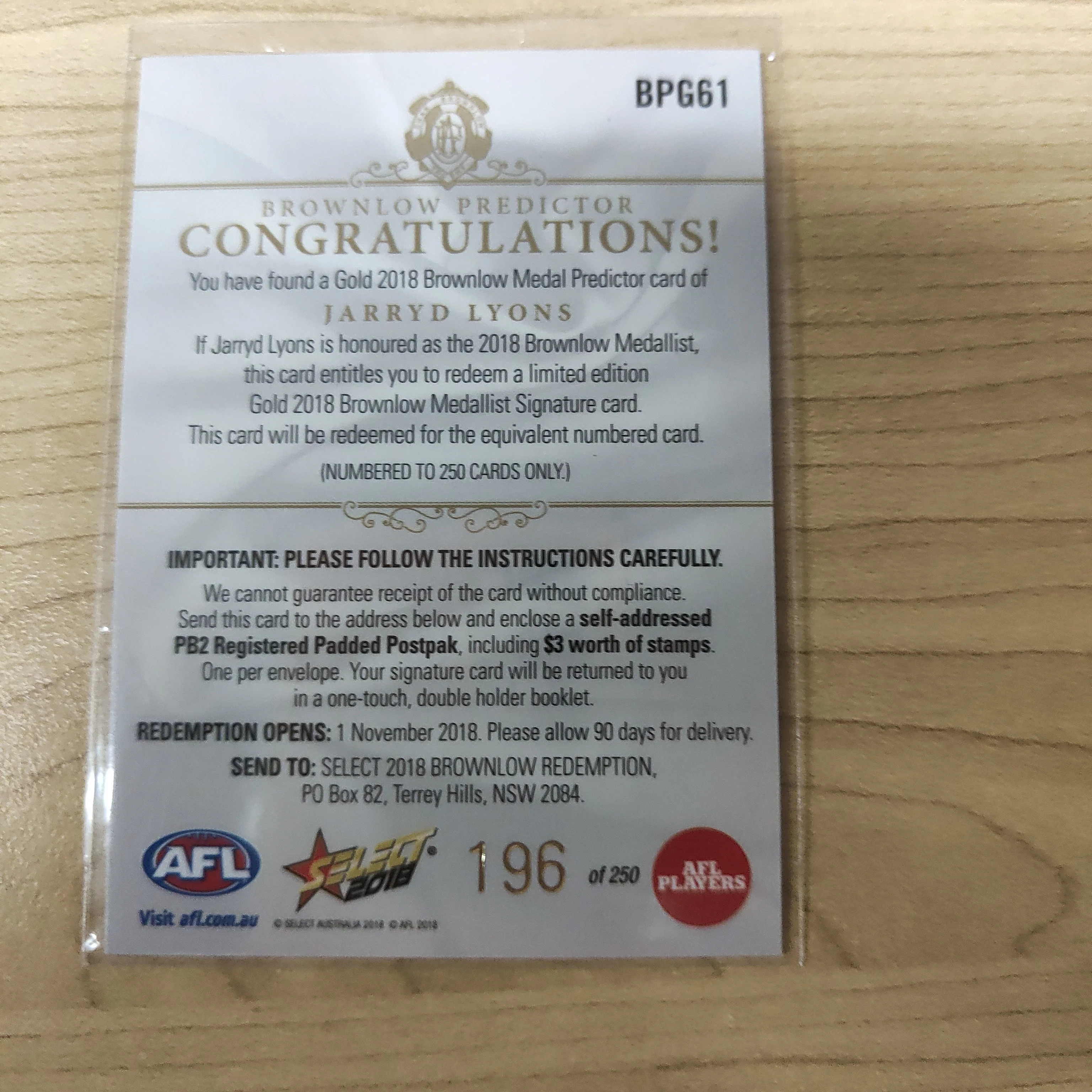 2018 Select Footy Stars Gold Brownlow Predictor Jarryd Lyons Gold Coast Suns 196/250 - Image 2