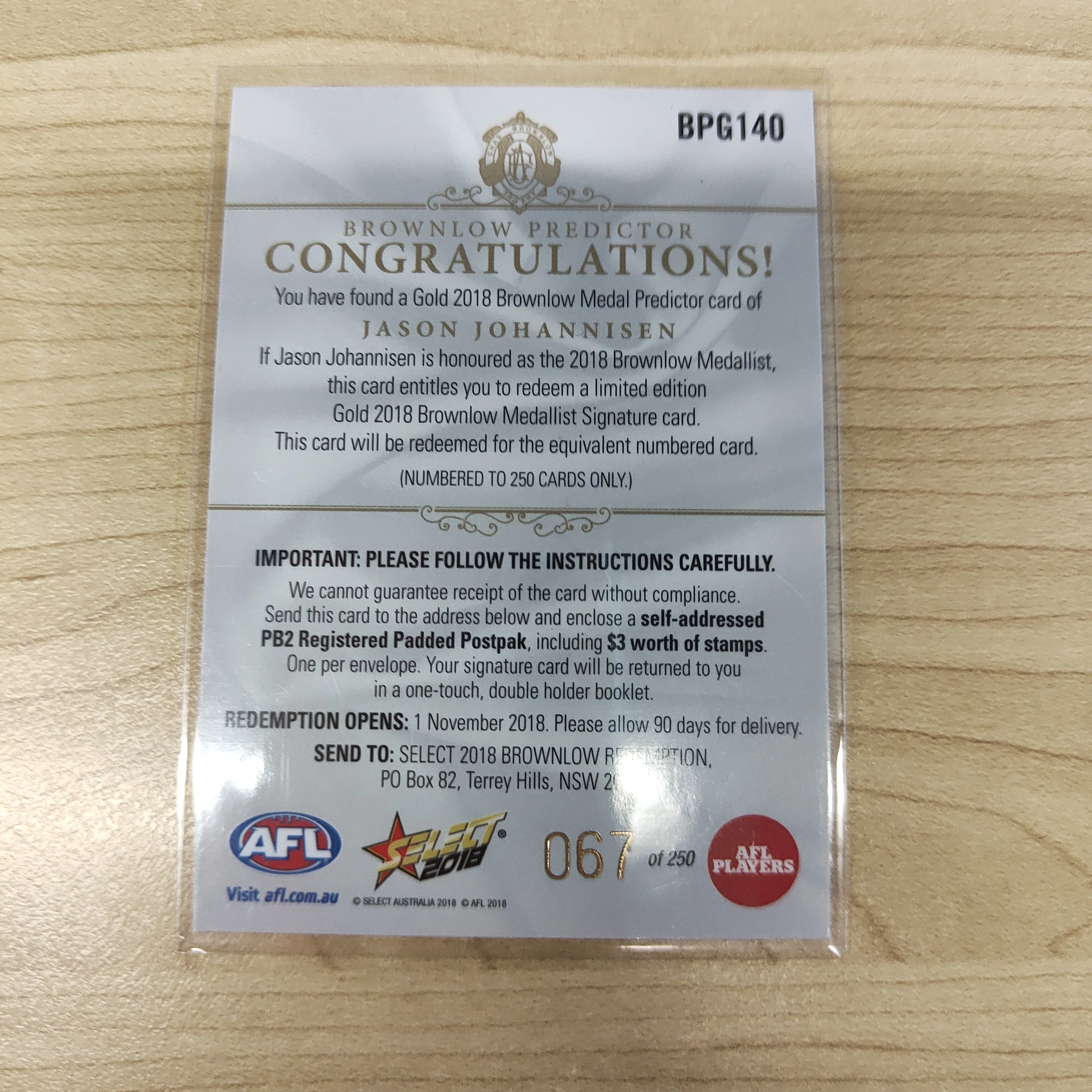 2018 Select Footy Stars Gold Brownlow Predictor Jason Johannisen Western Bulldogs 067/250 - Image 2