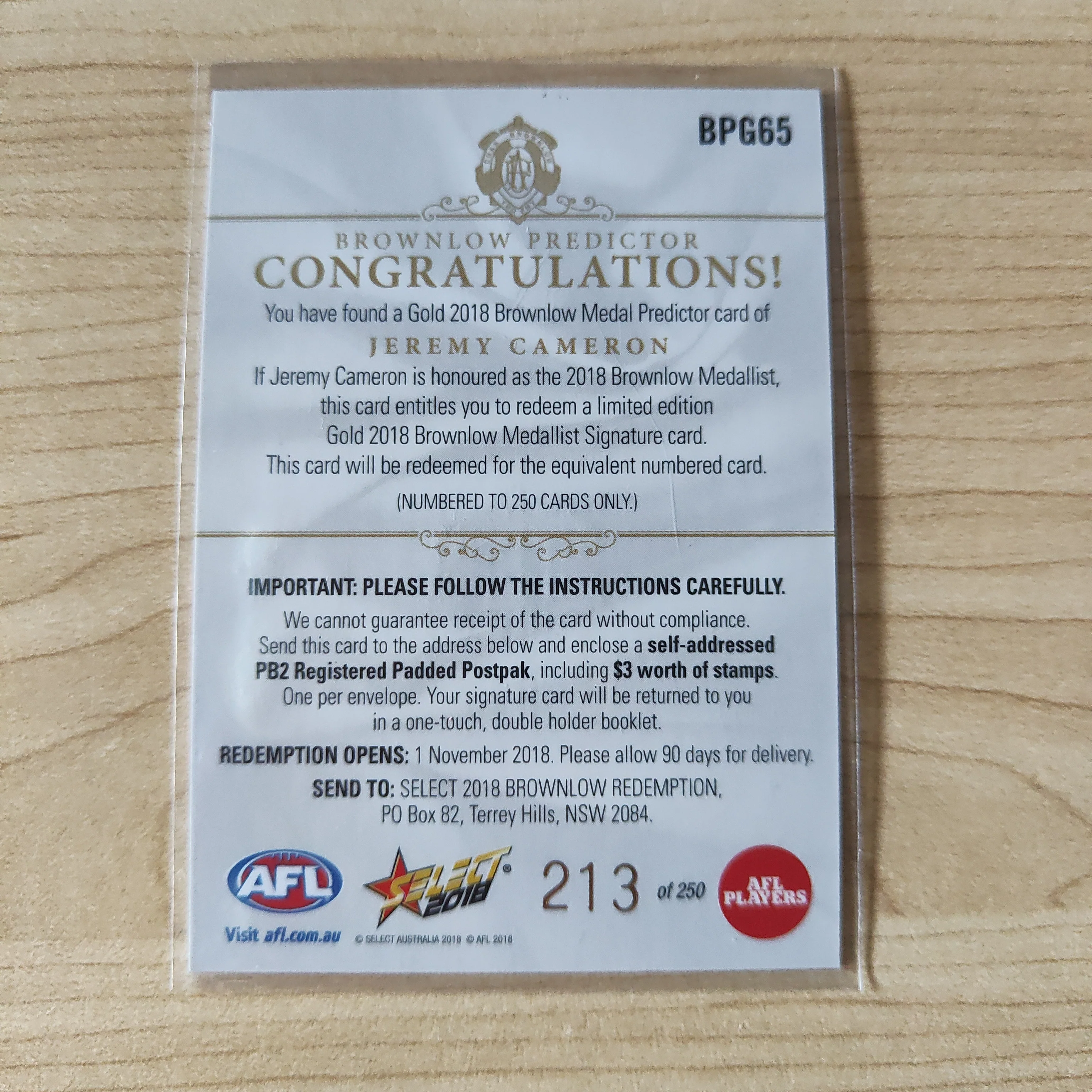 2018 Select Footy Stars Gold Brownlow Predictor Jeremy Cameron GWS 213/250 - Image 2
