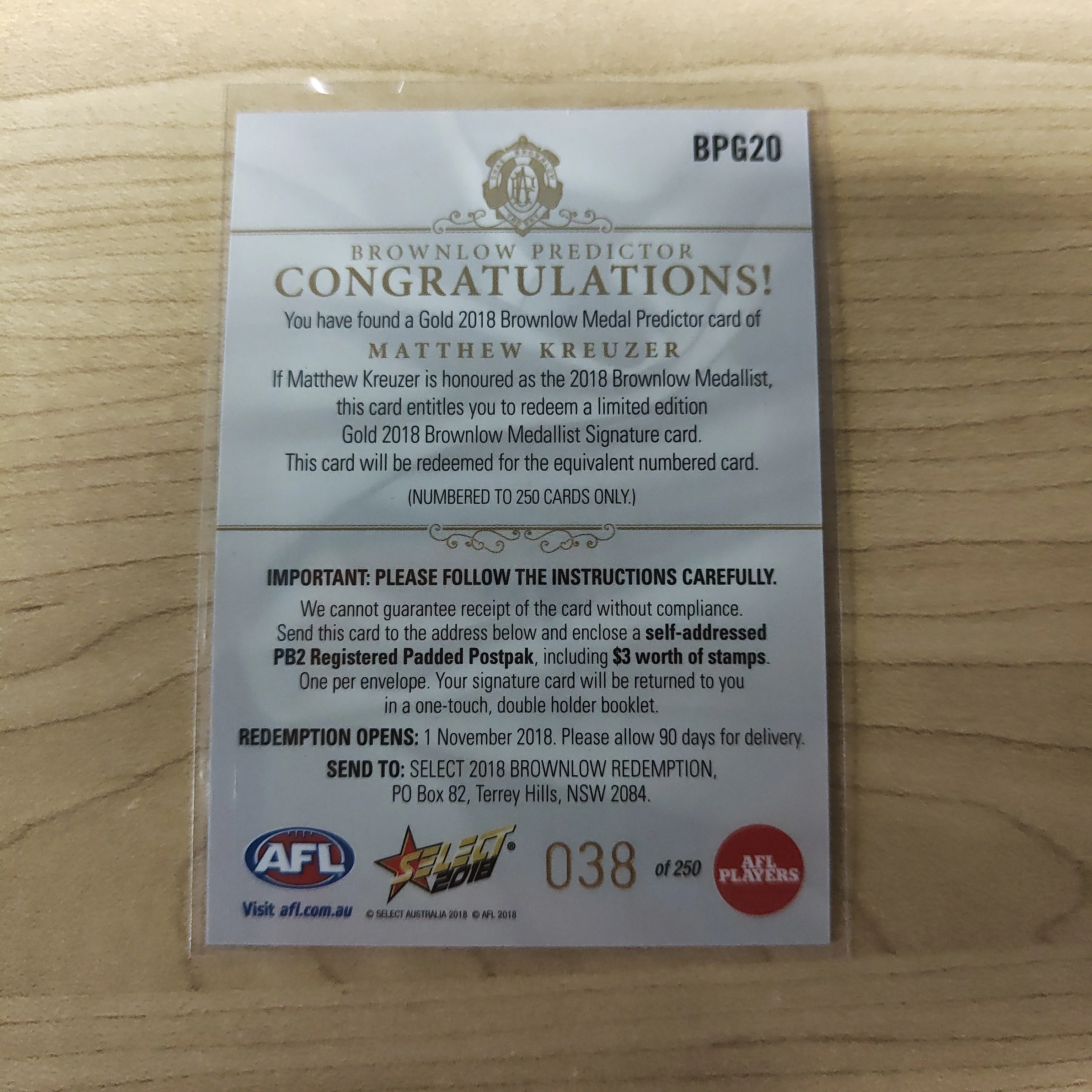 2018 Select Footy Stars Gold Brownlow Predictor Marthew Kreuzer Carlton 038/250 - Image 2