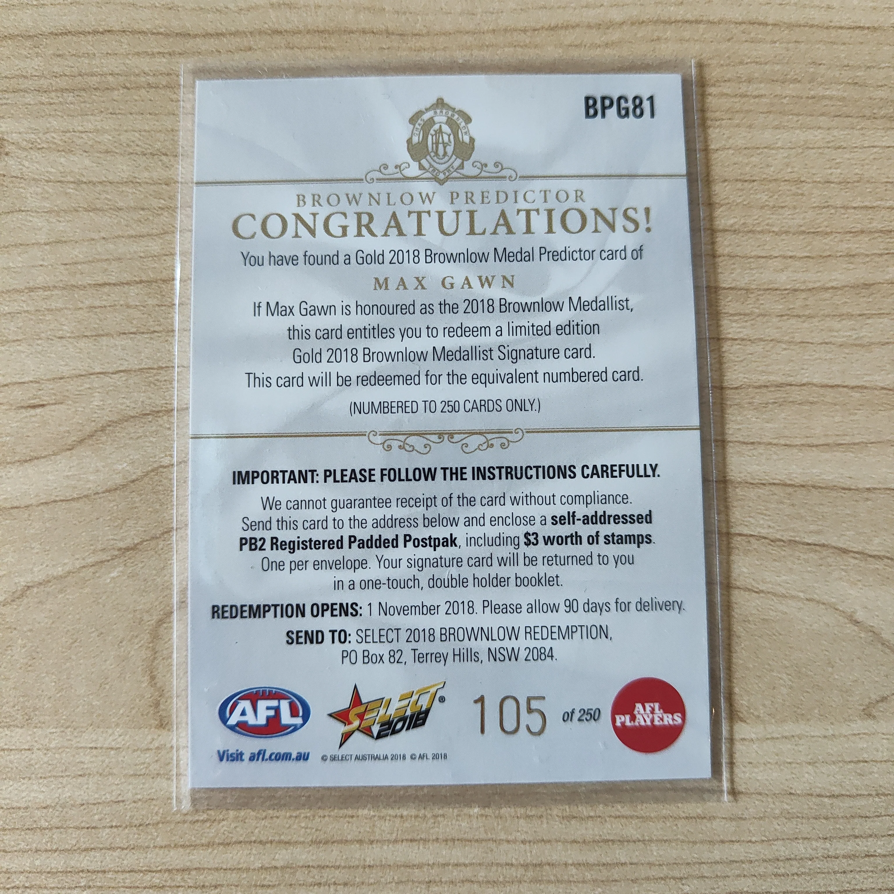 2018 Select Footy Stars Gold Brownlow Predictor Max Gawn Melbourne 105/250 - Image 2