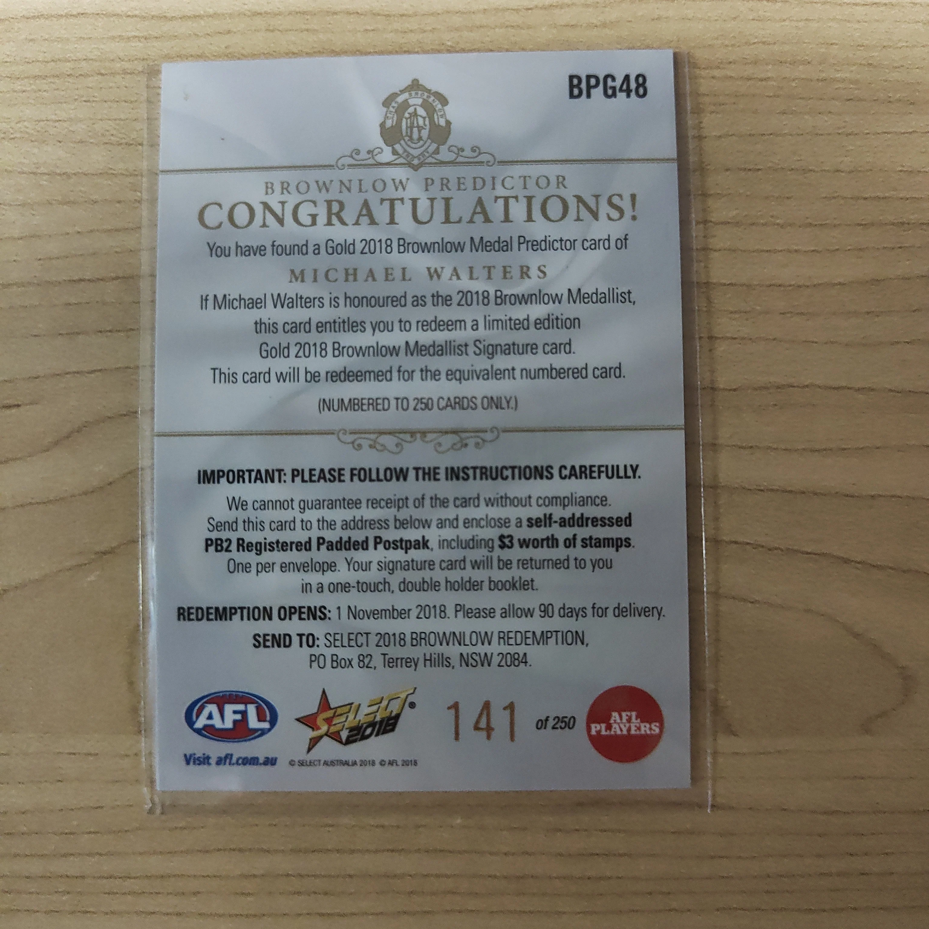 2018 Select Footy Stars Gold Brownlow Predictor Michael Walters Fremantle 141/250 - Image 2