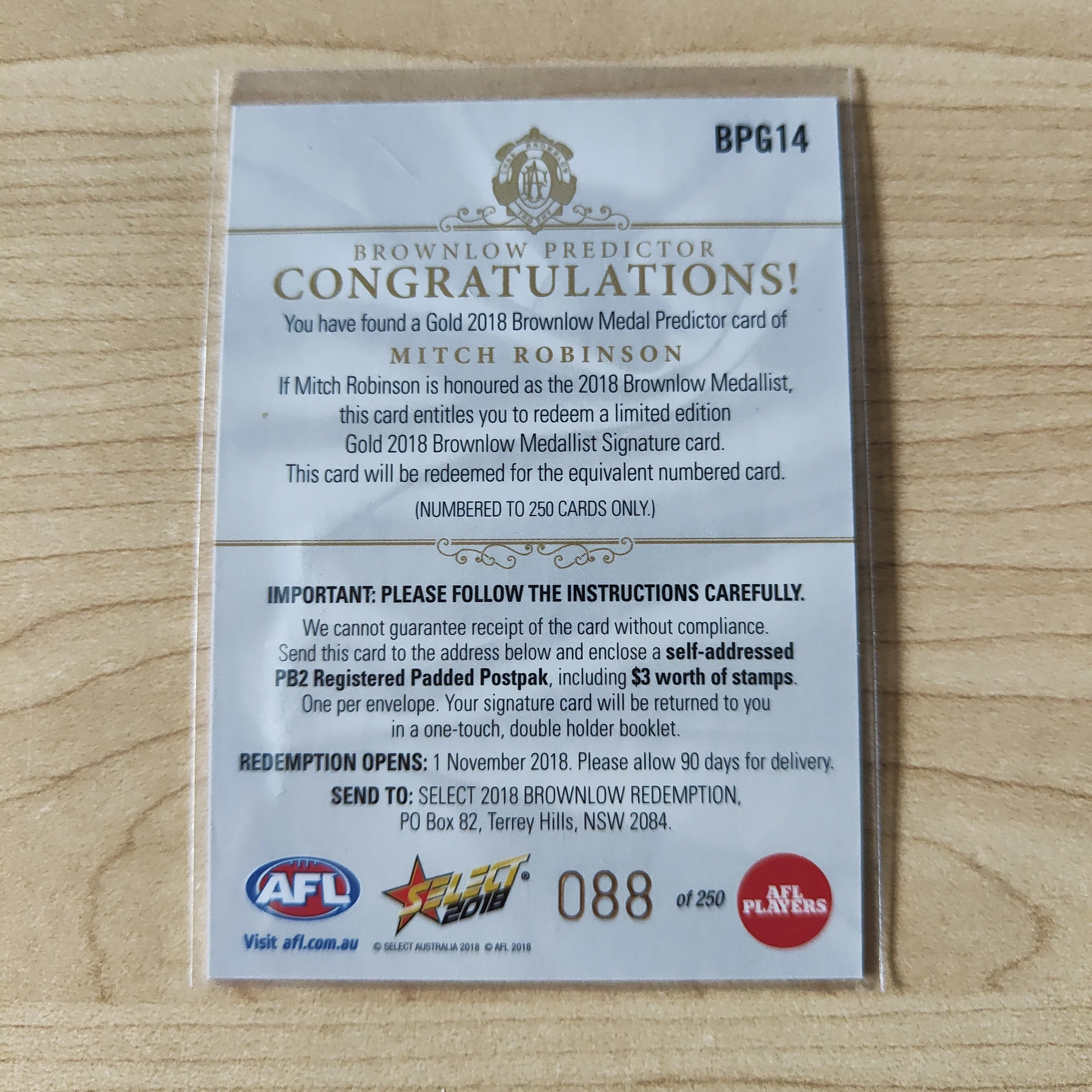 2018 Select Footy Stars Gold Brownlow Predictor Mitch Robinson Brisbane 088/250 - Image 2