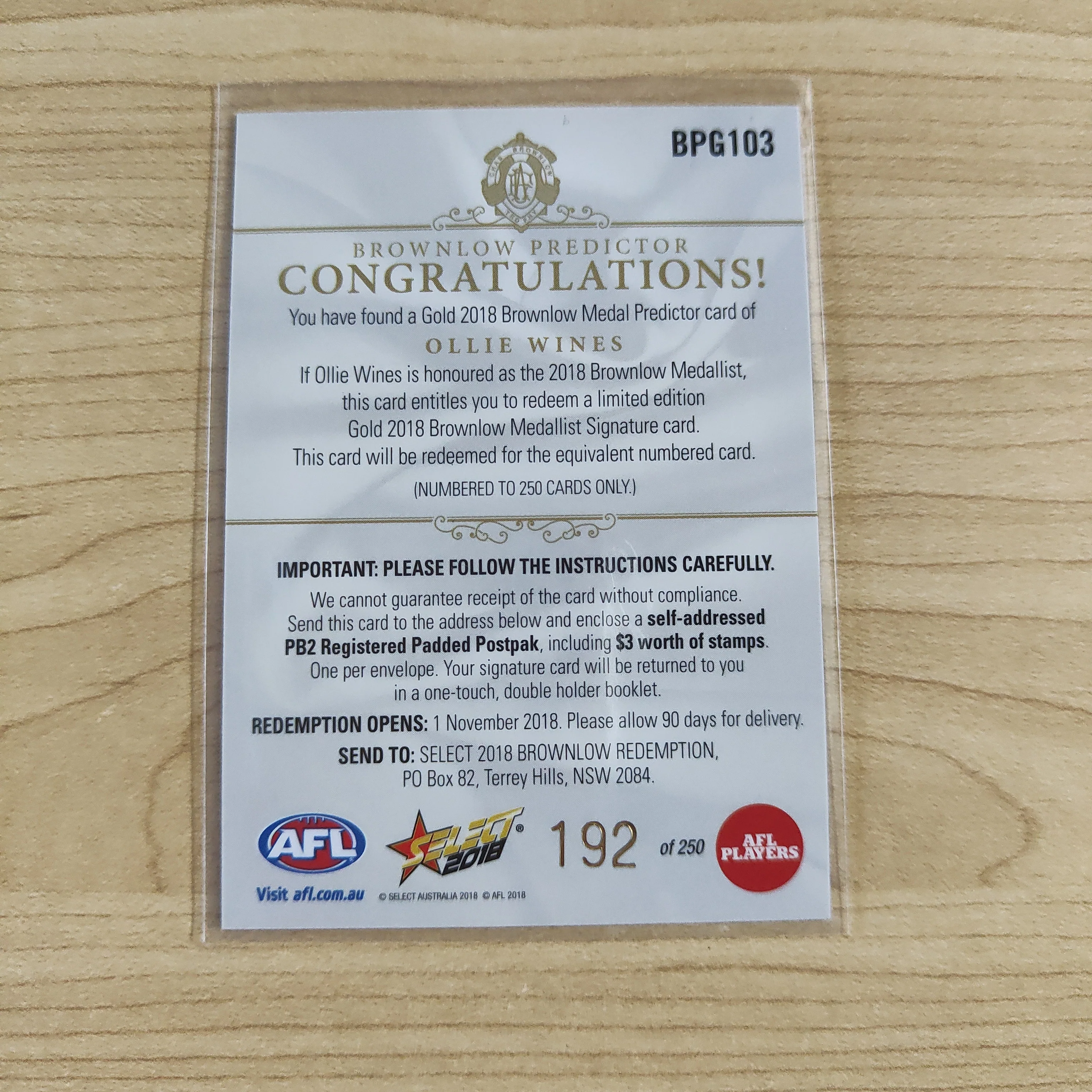 2018 Select Footy Stars Gold Brownlow Predictor Ollie Wines Port Adelaide 192/250 - Image 2