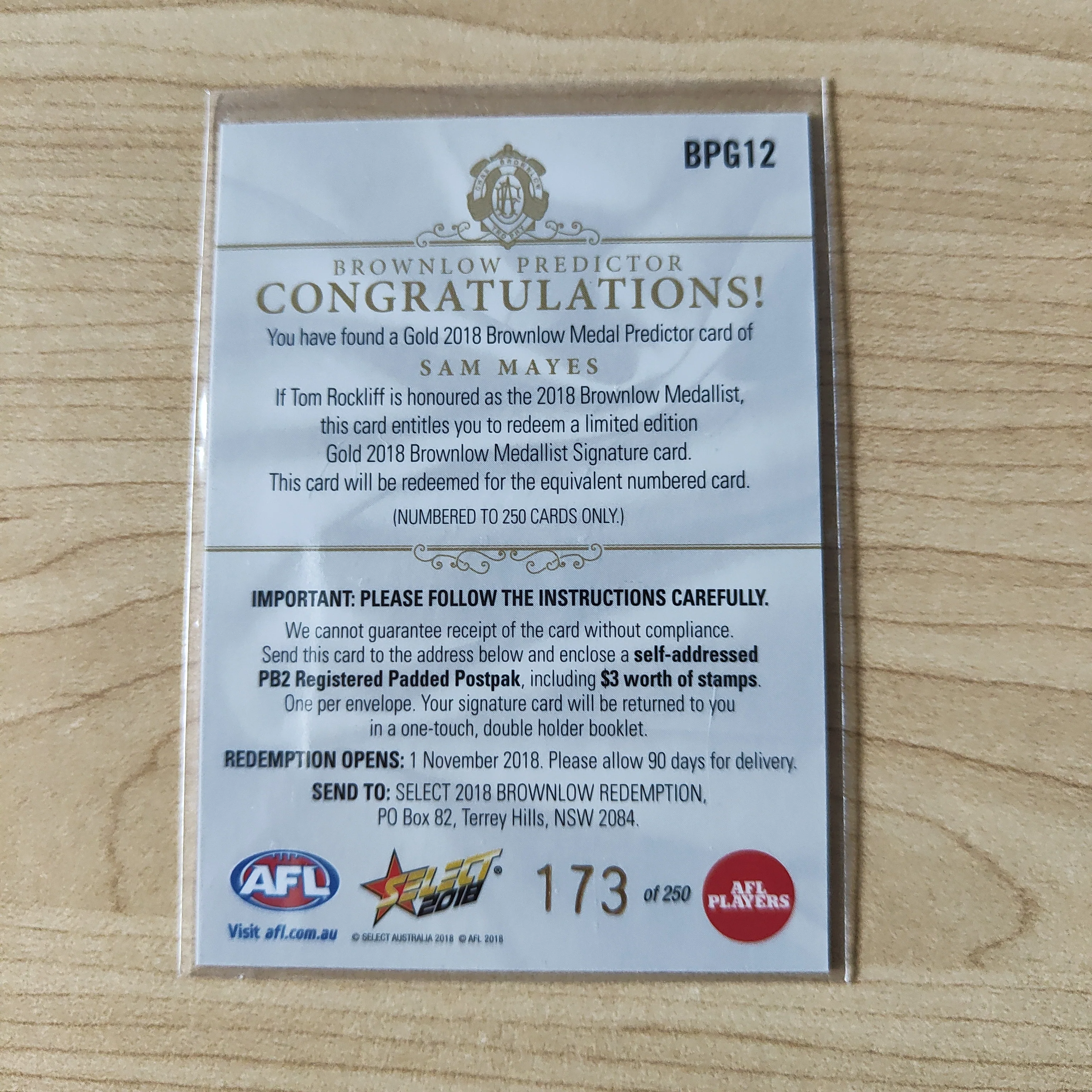 2018 Select Footy Stars Gold Brownlow Predictor Sam Mayes Brisbane 173/250 - Image 2