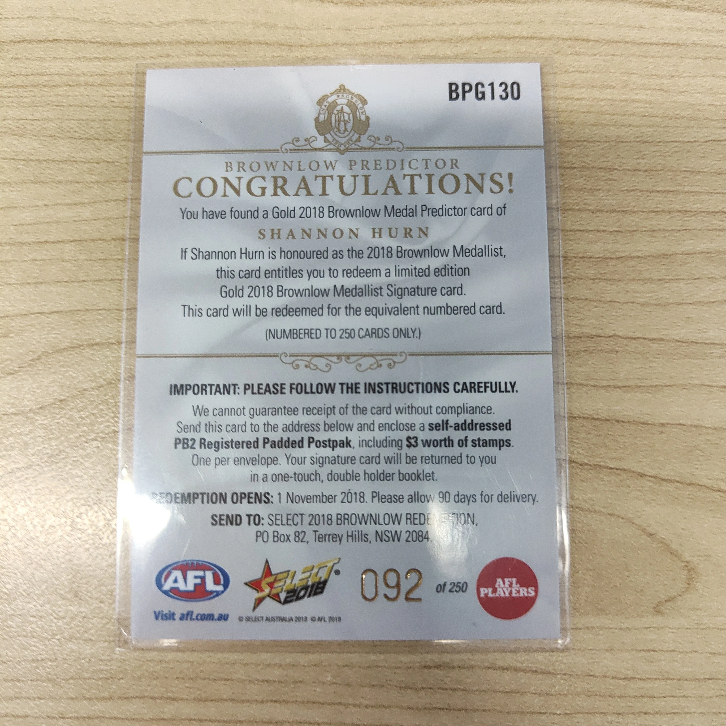 2018 Select Footy Stars Gold Brownlow Predictor Shannon Hurn West Coast 092/250 - Image 2