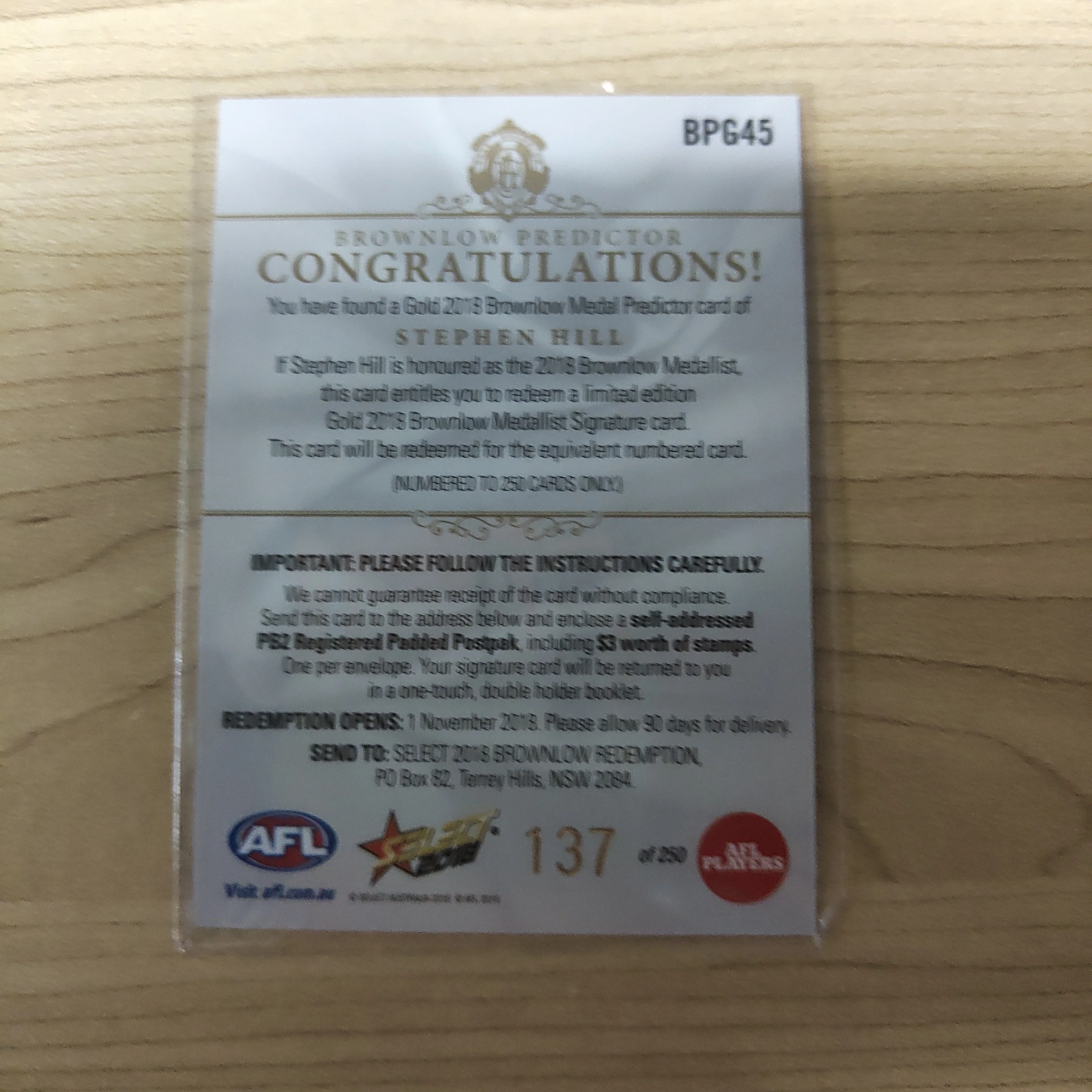 2018 Select Footy Stars Gold Brownlow Predictor Stephen Hill Fremantle 137/250 - Image 2