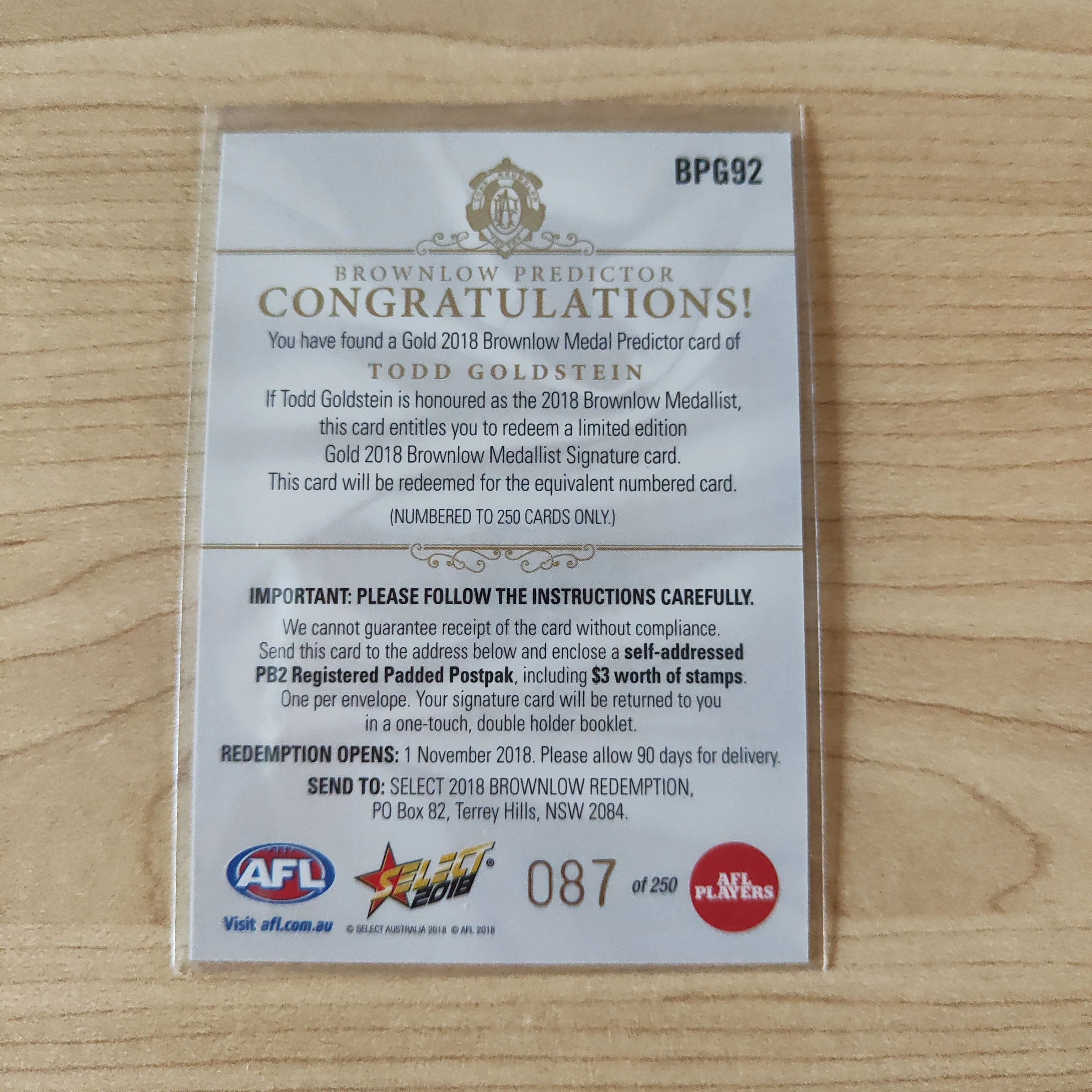 2018 Select Footy Stars Gold Brownlow Predictor Todd Goldstein North Melbourne 087/250 - Image 2