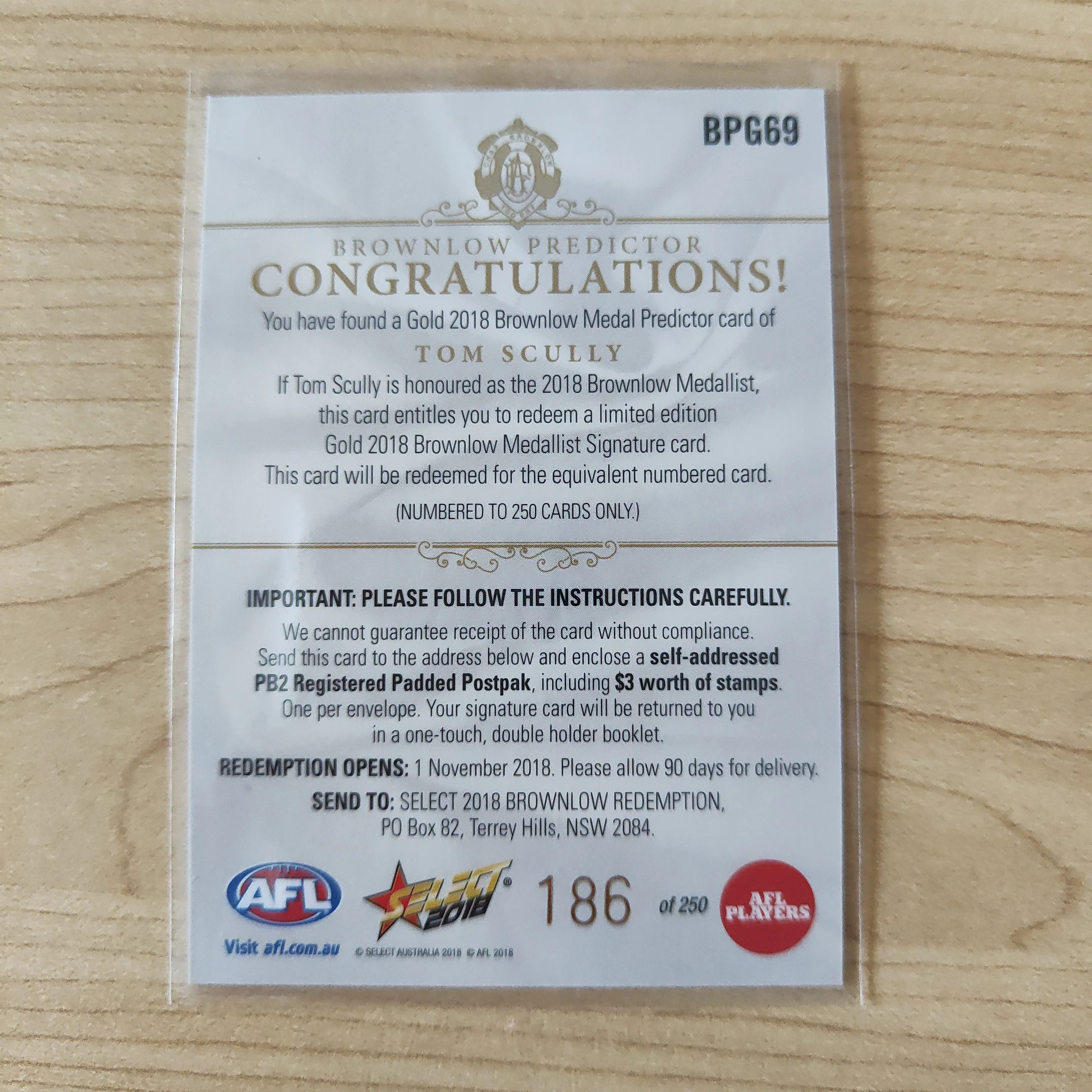 2018 Select Footy Stars Gold Brownlow Predictor Tom Scully GWS 186/250 - Image 2