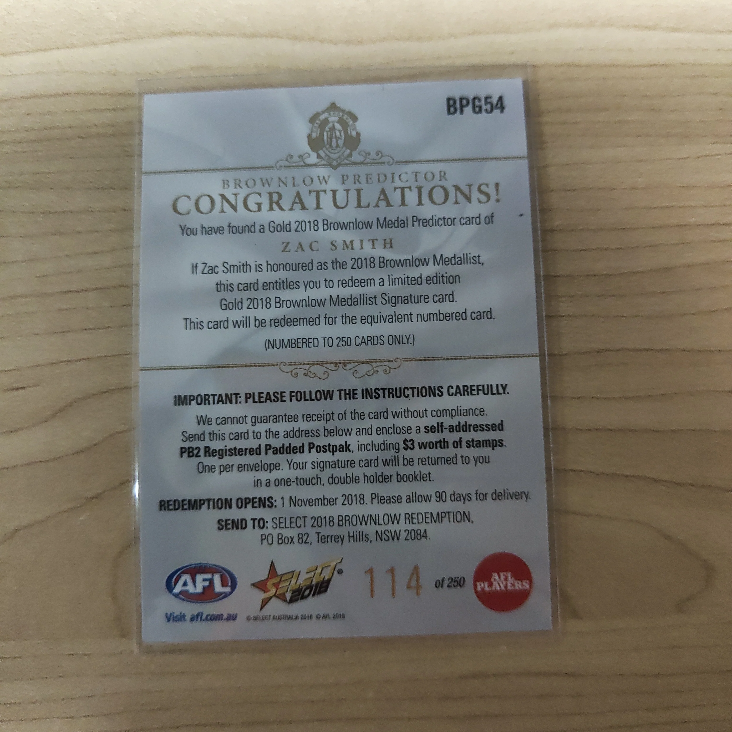 2018 Select Footy Stars Gold Brownlow Predictor Zac Smith Geelong 114/250 - Image 2