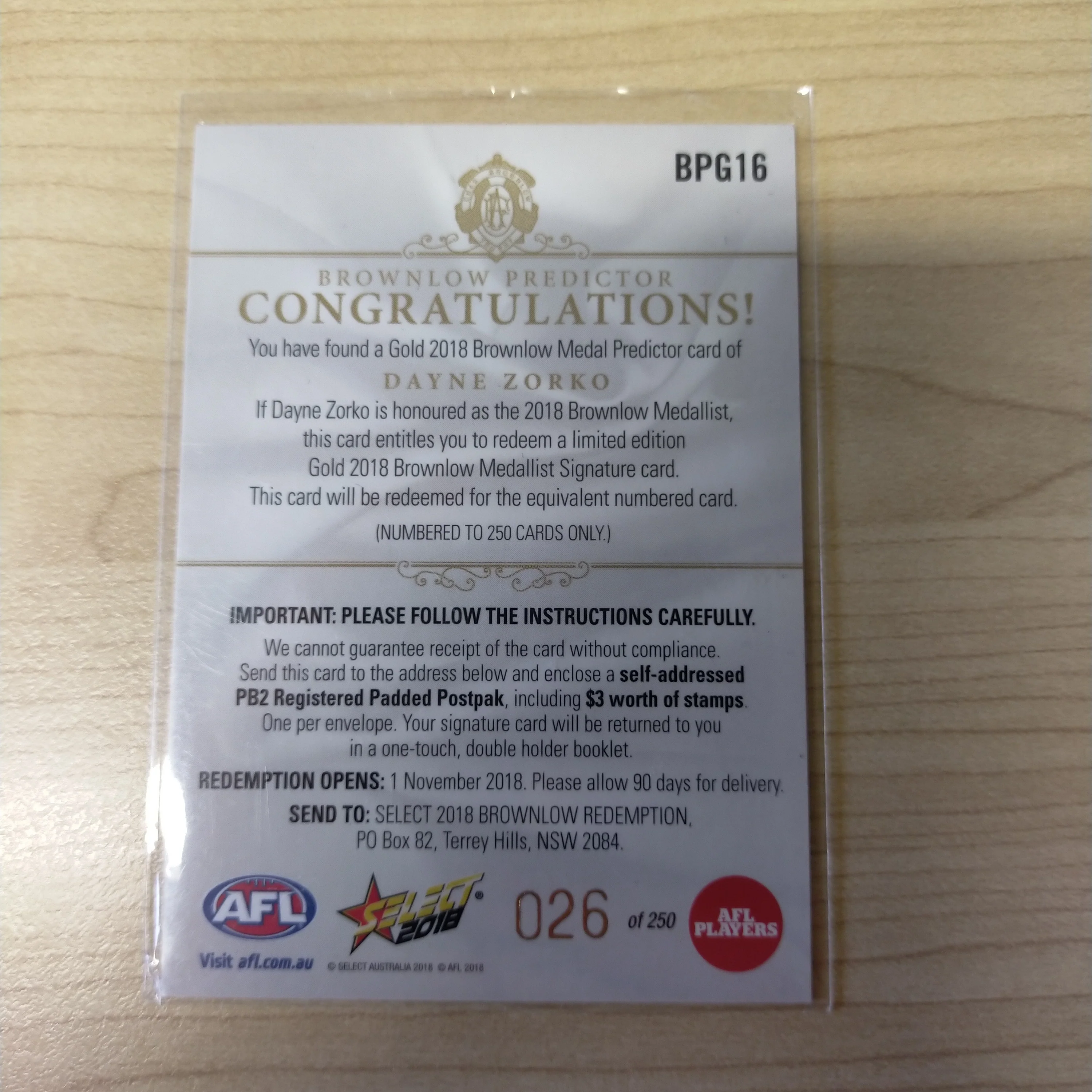 2018 Select Gold Brownlow Predictor Dayne Zorko Brisbane No.026/250 - Image 2