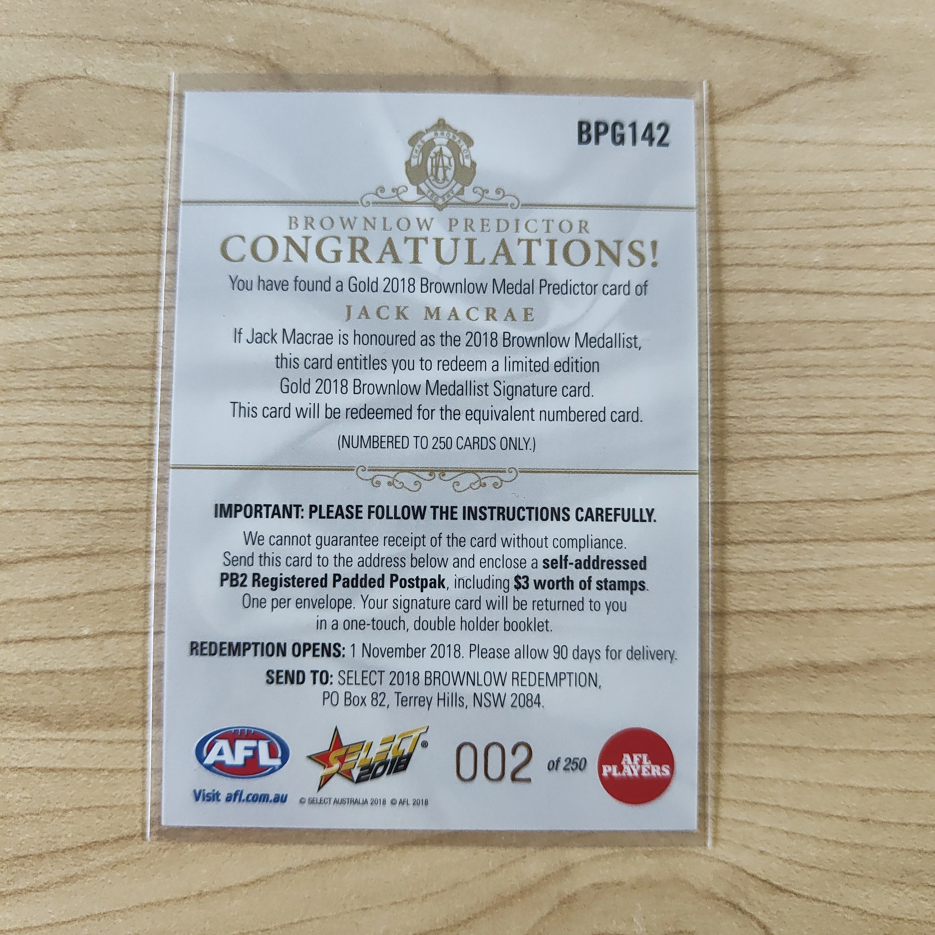 2018 Select Gold Brownlow Predictor Jack Macrae Western Bulldogs LOW NUMBER No.002/250 - Image 2