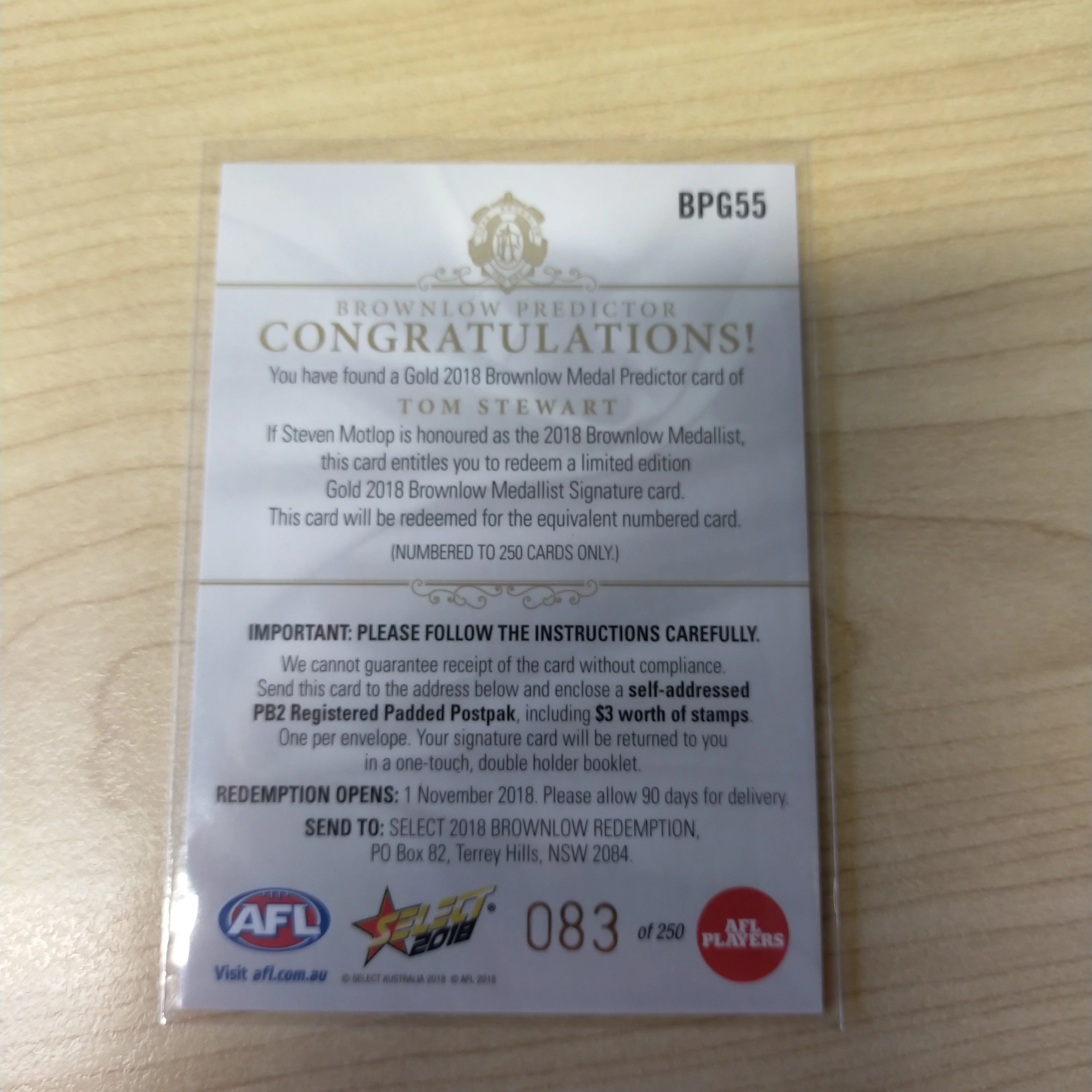 2018 Select Gold Brownlow Predictor Tom Stewart Geelong No.083/250 - Image 2