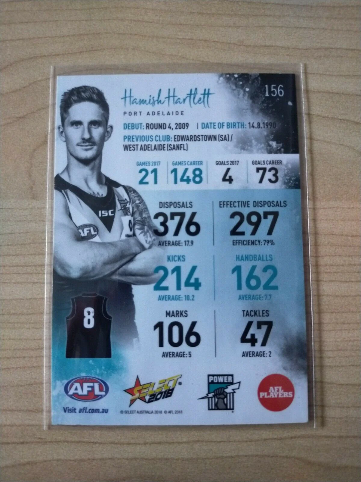 2018 Select Hamish Hartlett Port Adelaide Football Card Hand Signed - Image 2