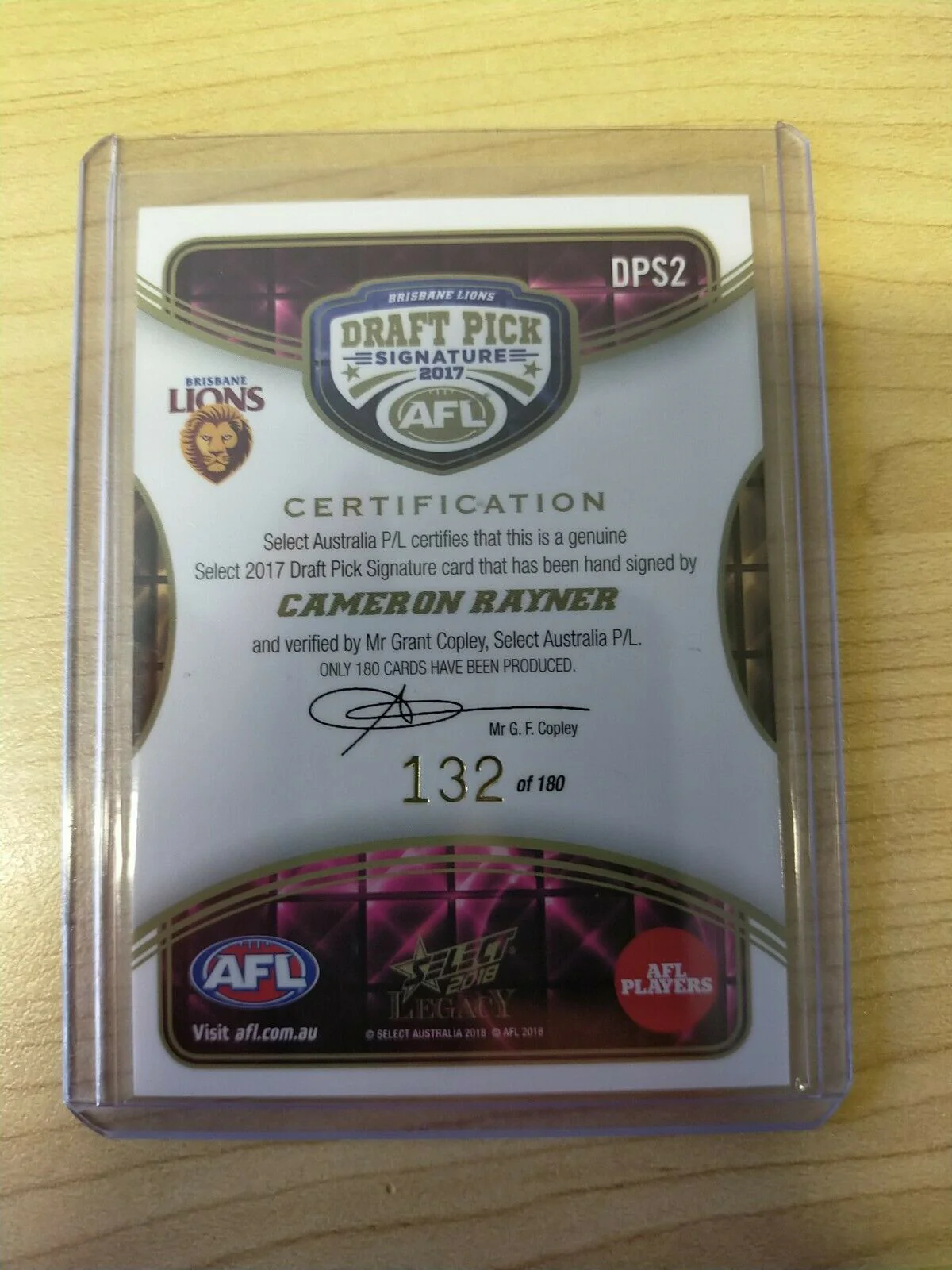 2018 Select Legacy Draft Pick Signature Cameron Rayner Draft Pick 1 No.132/180 - Image 2