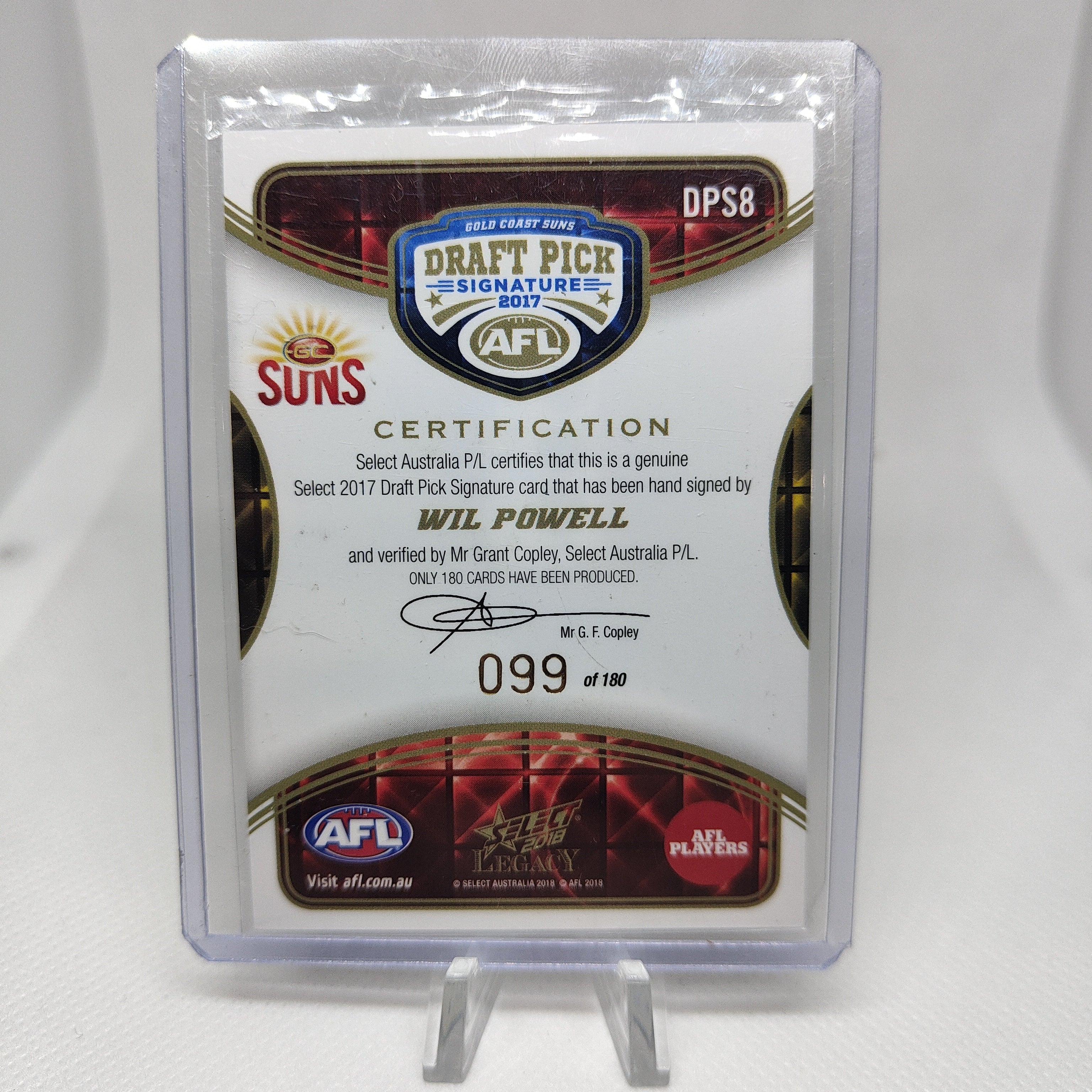 2018 Select Legacy Draft Pick Signature Wil Powell Gold Coast No.99/180 - Image 2