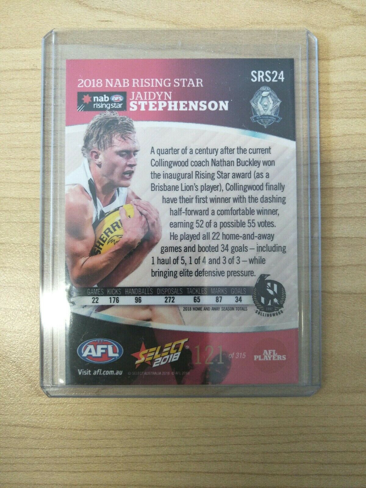 2018 Select NAB Rising Star Jaidyn Stephenson Collingwood Card SRS24 121/315 - Image 2