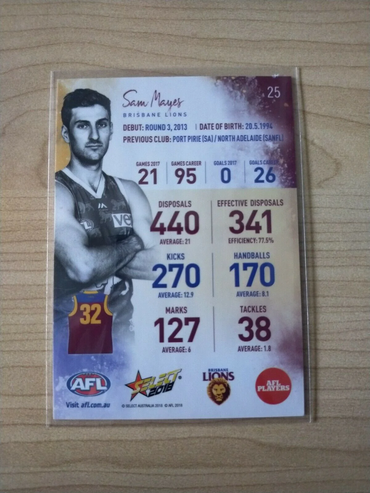 2018 Select Sam Mayes Brisbane Football Card Hand Signed - Image 2