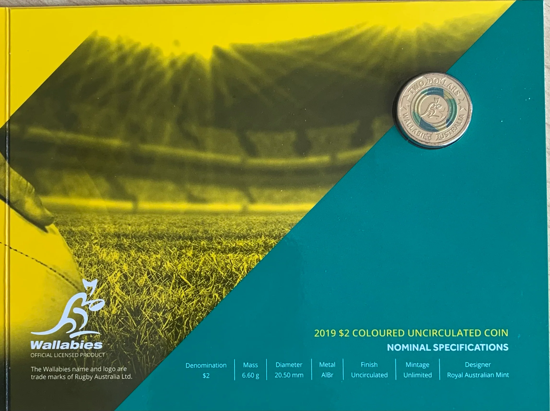 Australia 2019 $2 Wallabies Rugby Uncirculated Coloured Coin