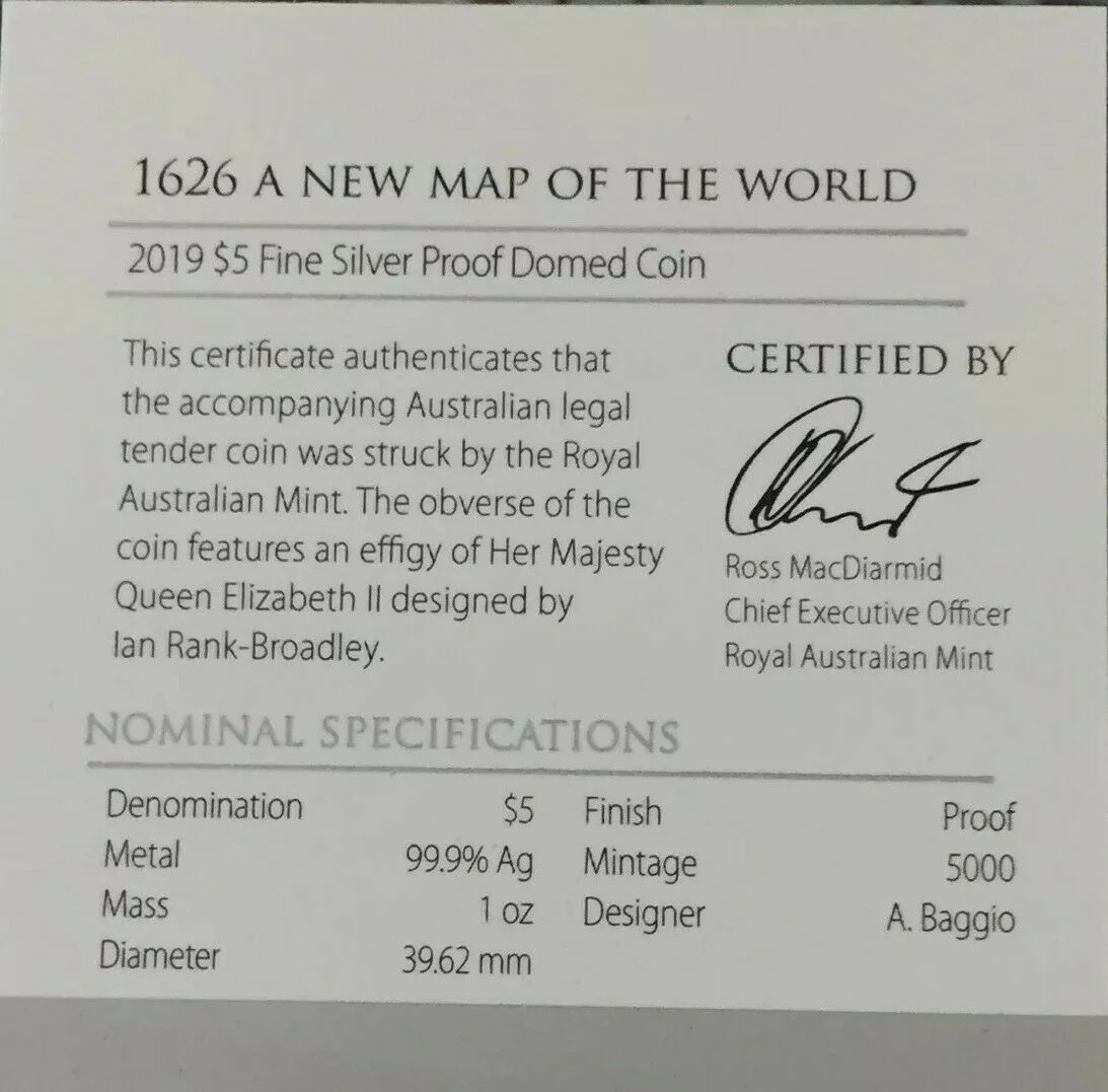 2019 $5 New Map of The World Silver Proof Domed Coin - Image 3