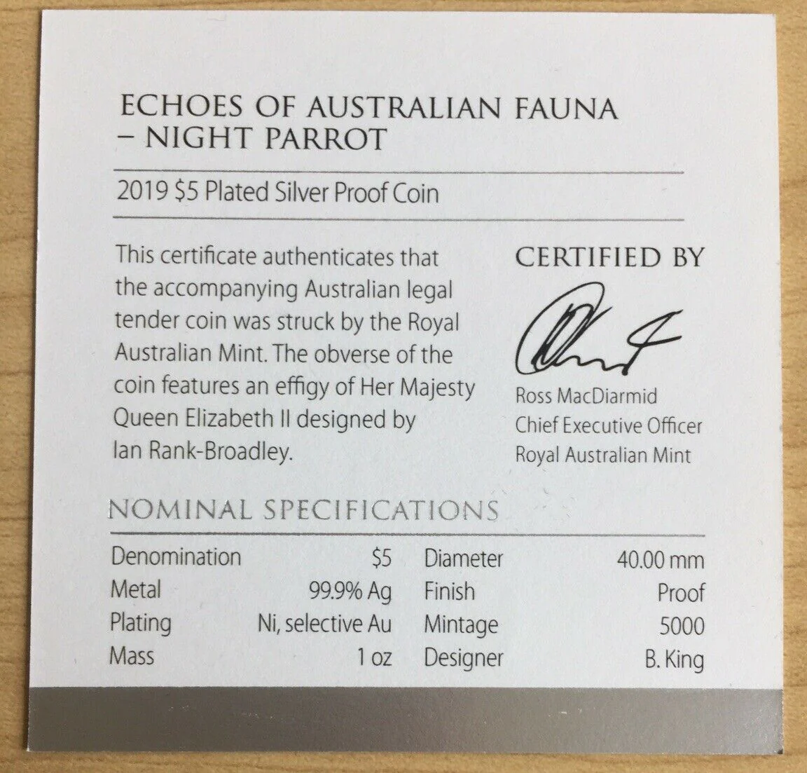 2019 $5 “Echoes Of Australia Night Parrot" One Ounce Silver Proof Coin - Image 4